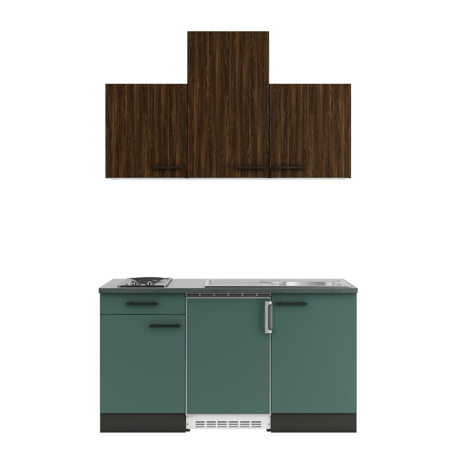 Küchenzeile mit E-Geräten 150 cm Steingrün & Nussbaum Rillendekor