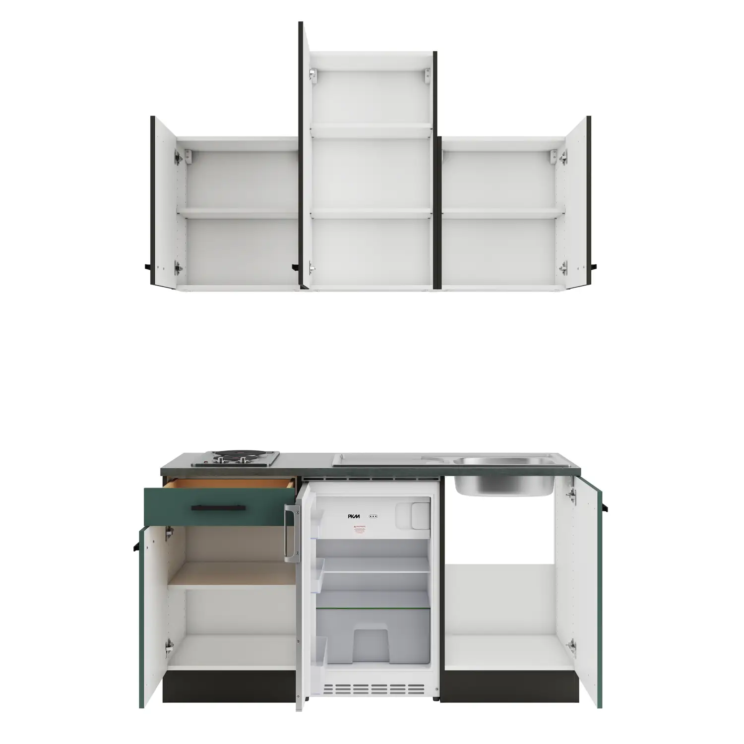 Küchenzeile mit E-Geräten 150 cm Steingrün & Rillendekor Nussbaum