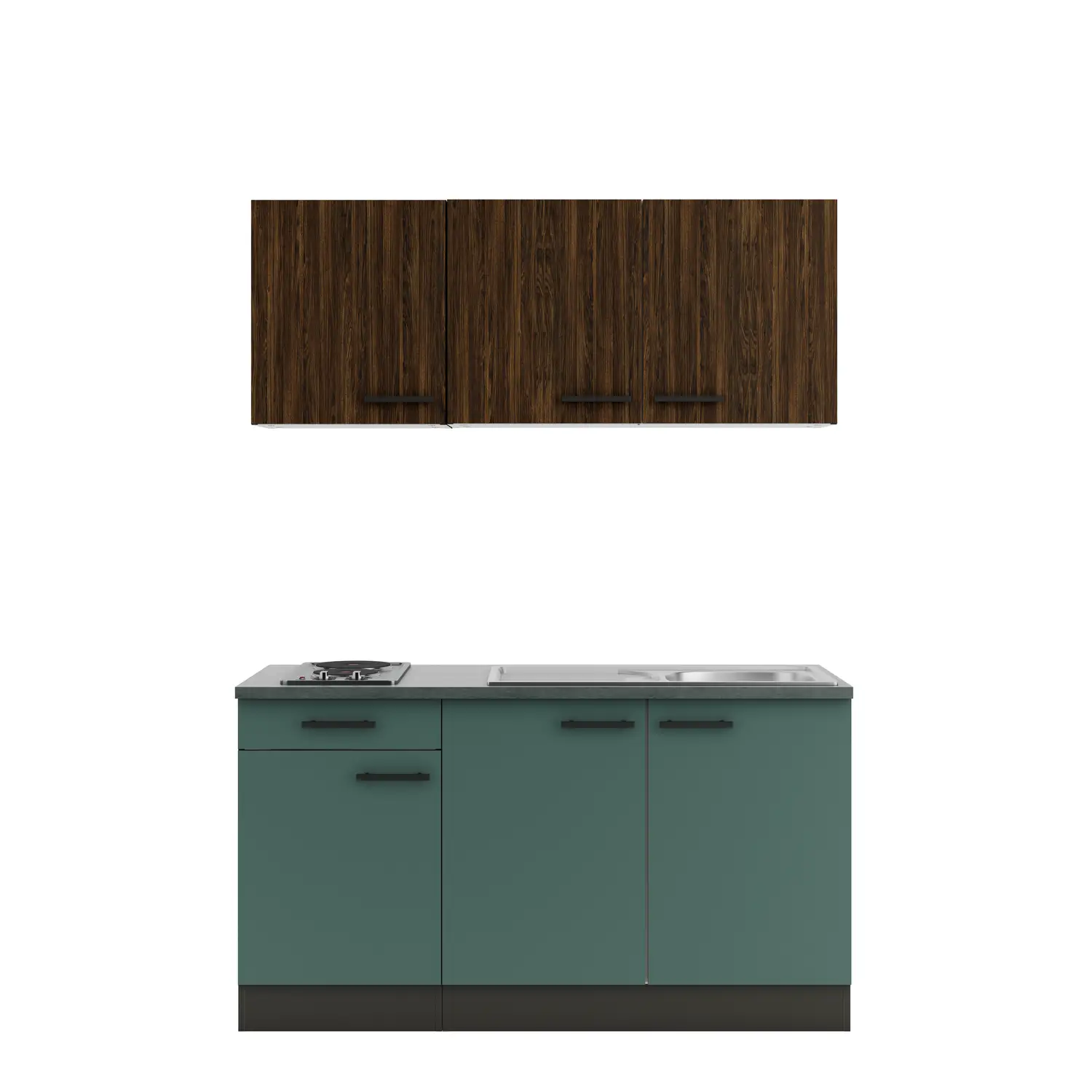 OPTIFIT Küchenzeile Verona / Rimini mit Geräten 150 cm Steingrün & Nussbaum Rillendekor