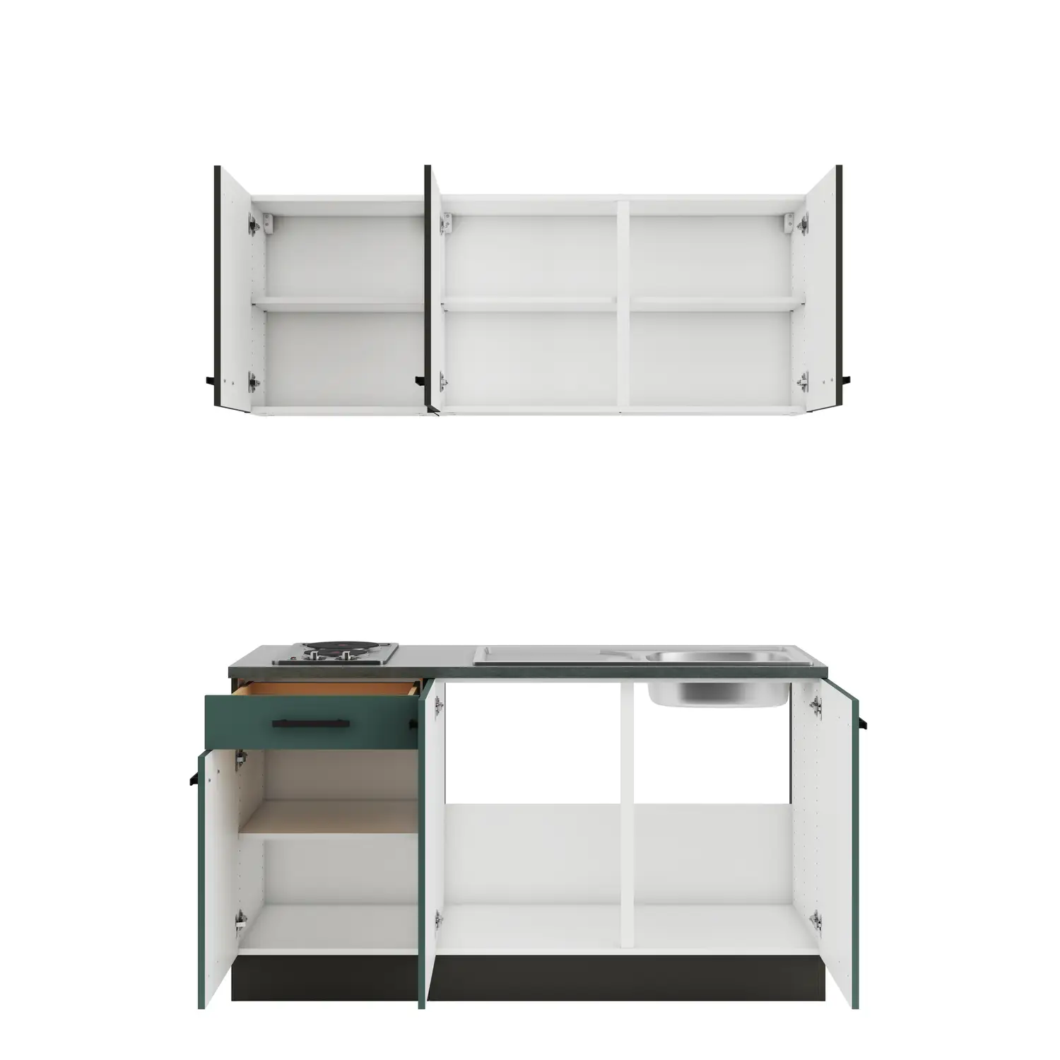 OPTIFIT Küchenzeile Verona / Rimini mit Geräten 150 cm Steingrün & Rillendekor Nussbaum