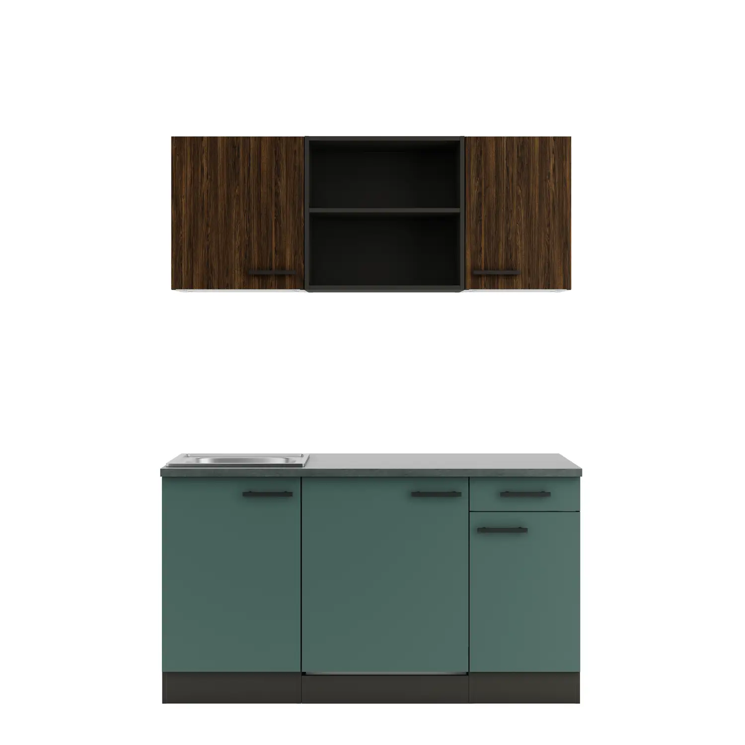 Küchenzeile mit Geräten OPTIFIT Verona / Rimini 150 cm Steingrün & Rillendekor Nussbaum