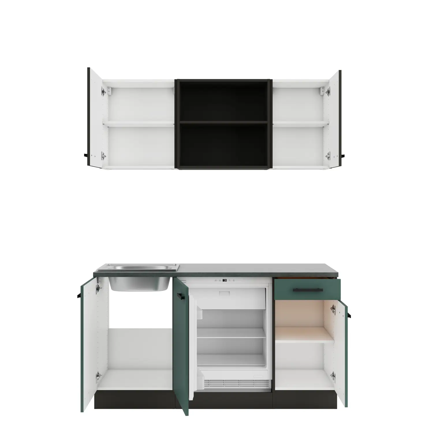 Küchenzeile mit Geräten OPTIFIT Verona / Rimini 150 cm Steingrün & Rillendekor Nussbaum