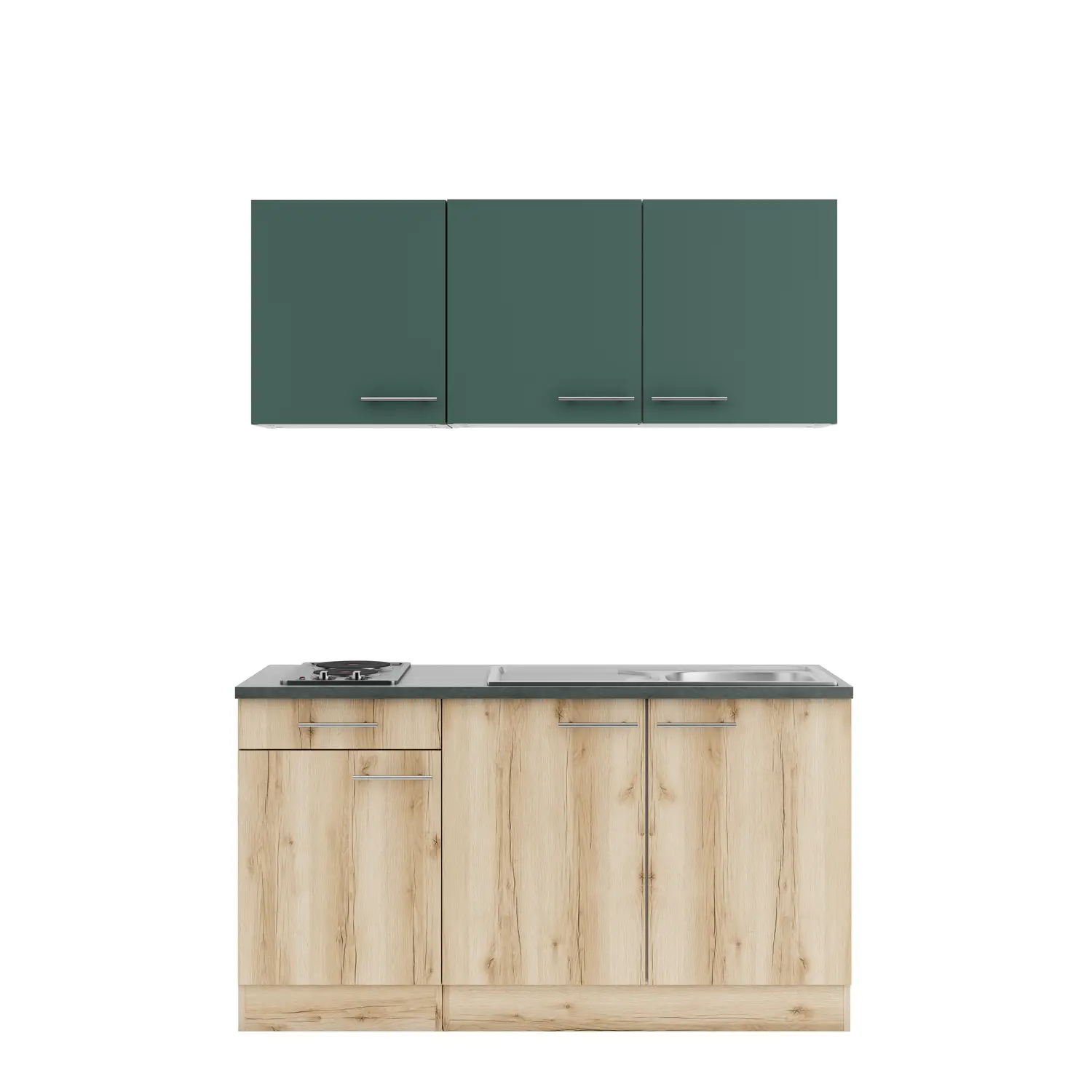 Küchenzeile Livorno / Savona mit Geräten Wildeiche & Steingrün 150 cm