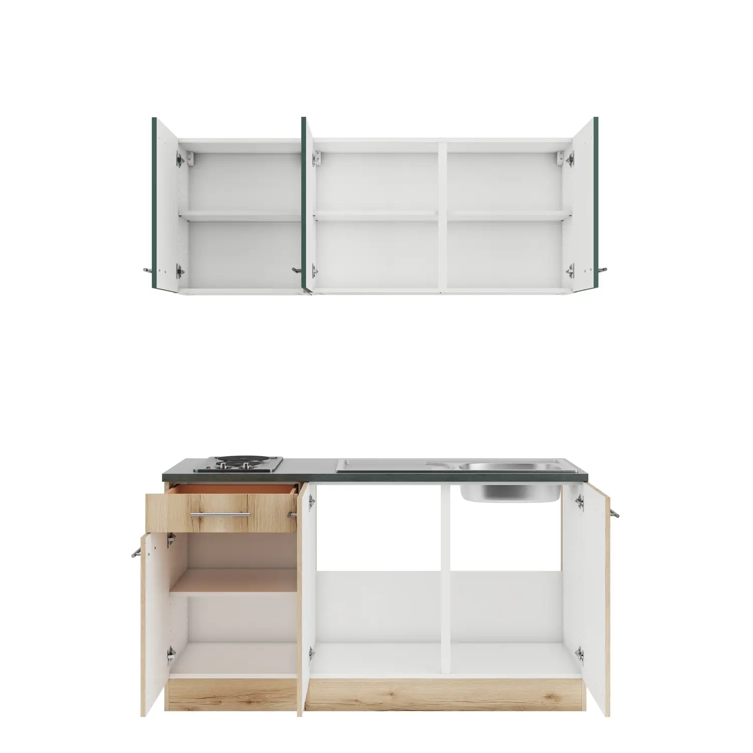 Küchenzeile Livorno / Savona mit Geräten Wildeiche & Steingrün 150 cm
