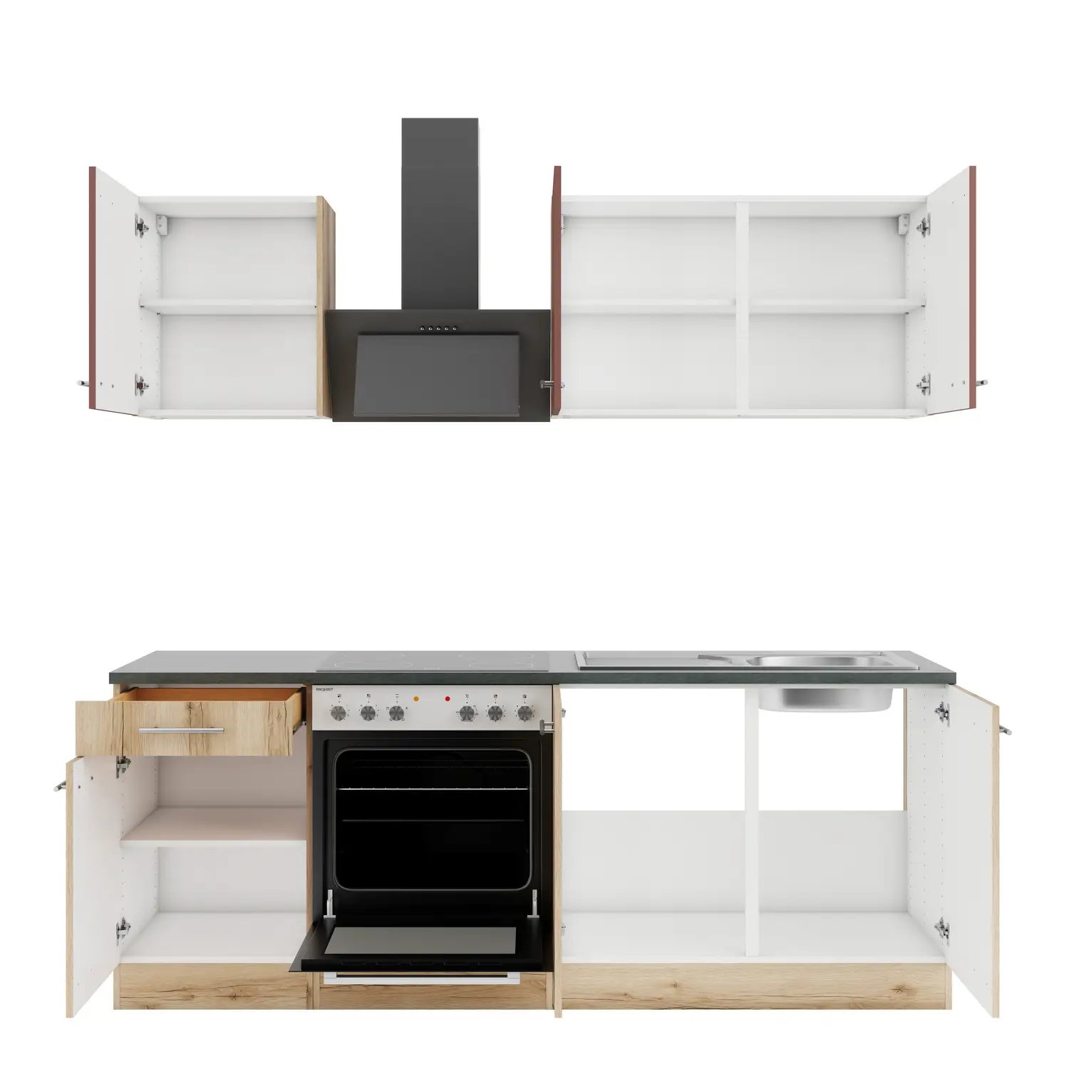 Küchenzeile mit Geräten OPTIFIT Livorno / Bari 210 cm Wildeiche & Rostrot