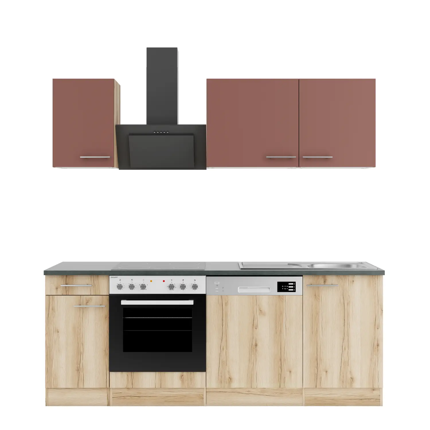 Küchenzeile Livorno / Bari mit Geräten Wildeiche & Rostrot 210 cm