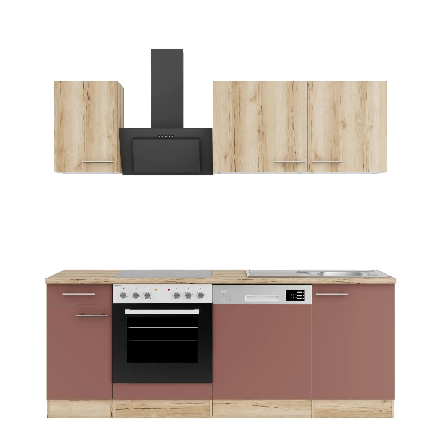 Küchenzeile mit E-Geräten 210 cm Rostrot & Wildeiche