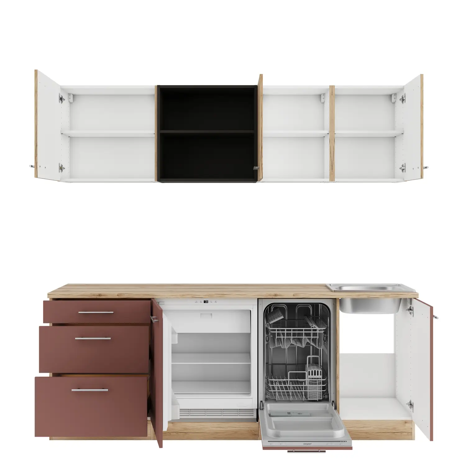 Küchenzeile mit Geräten OPTIFIT Bari / Livorno 210 cm Rostrot & Wildeiche