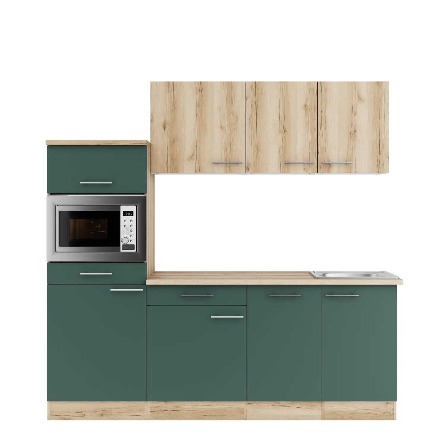 Küchenzeile mit Geräten OPTIFIT Savona / Livorno 210 cm Steingrün & Wildeiche
