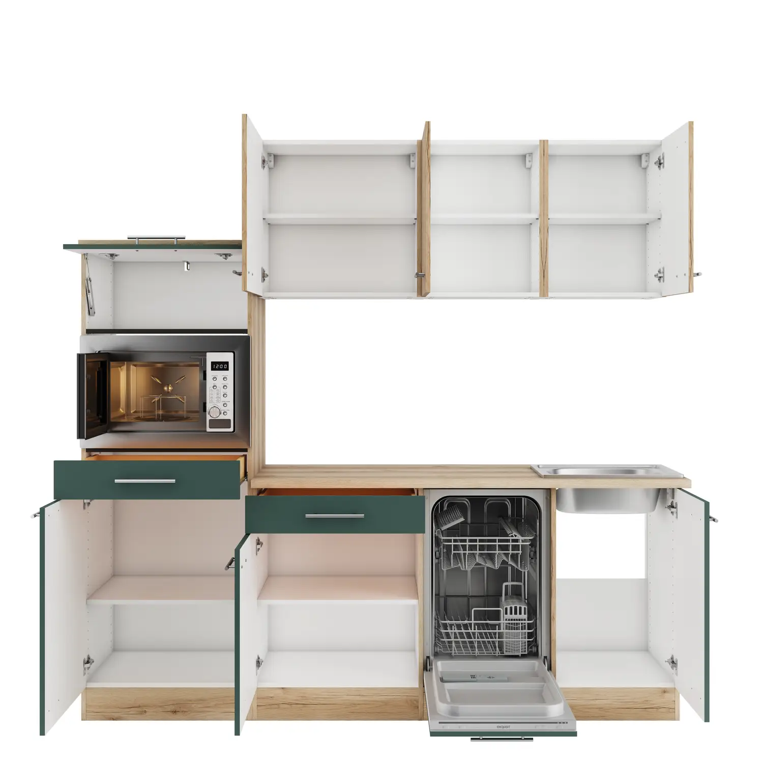Küchenzeile mit Geräten OPTIFIT Savona / Livorno 210 cm Steingrün & Wildeiche