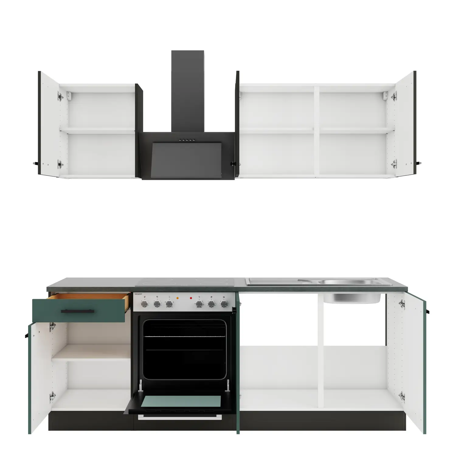 Küchenzeile Verona / Madrid mit Geräten Steingrün & Anthrazit 210 cm
