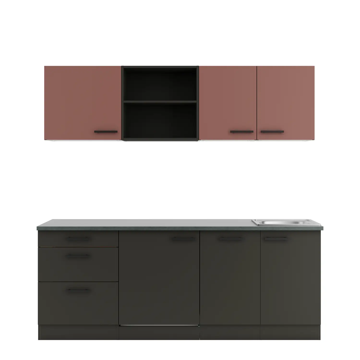 Küchenzeile Madrid / Nizza mit Geräten Anthrazit & Rostrot 210 cm