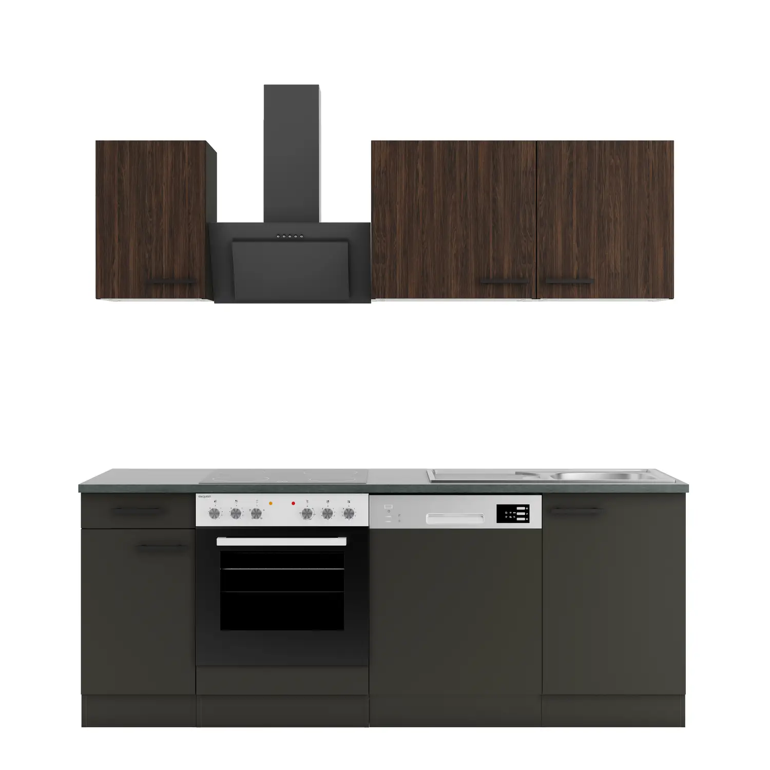 Küchenzeile mit Geräten OPTIFIT Madrid / Rimini 210 cm Anthrazit & Rillendekor Nussbaum