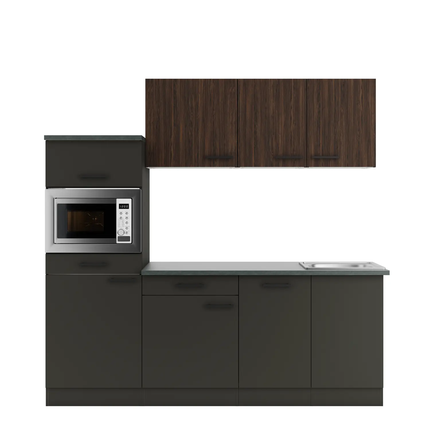 Küchenzeile Madrid / Rimini mit Geräten Anthrazit & Nussbaum Rillendekor 210 cm