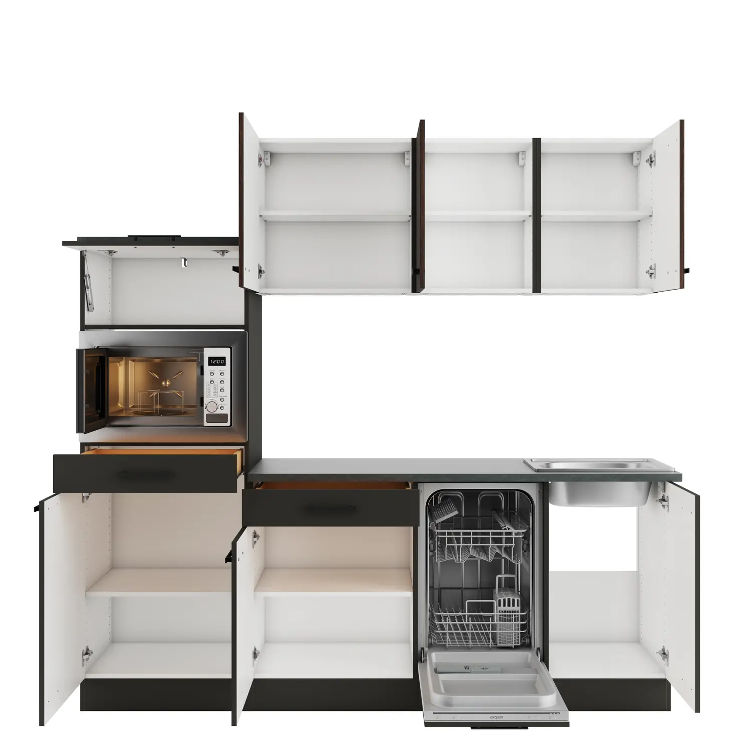 Küchenzeile Madrid / Rimini mit Geräten Anthrazit & Rillendekor Nussbaum 210 cm