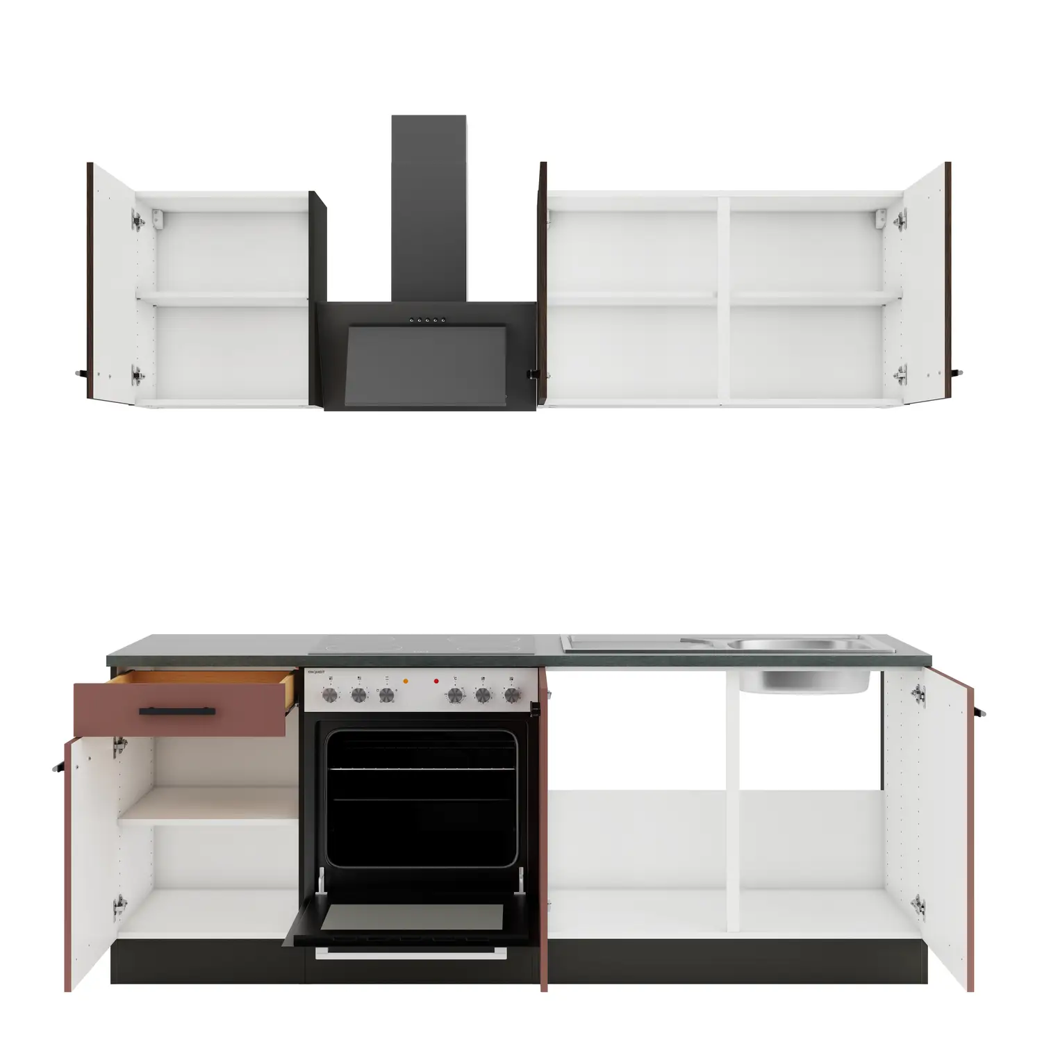 Küchenzeile mit Geräten OPTIFIT Nizza / Rimini 210 cm Rostrot & Nussbaum Rillendekor