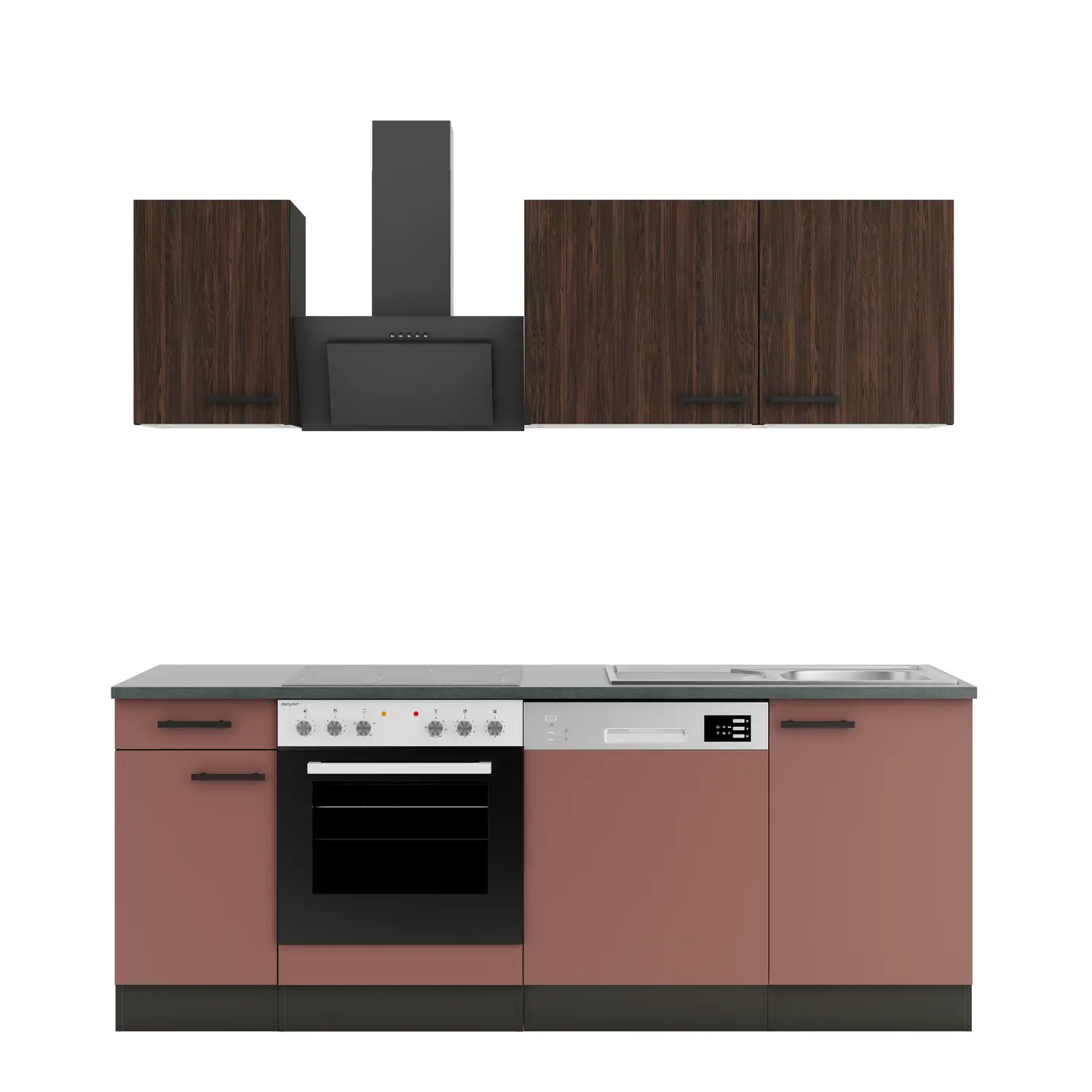 Küchenzeile Nizza / Rimini mit Geräten Rostrot & Nussbaum Rillendekor 210 cm Küchenzeile Nizza / Rimini mit Geräten Rostrot & Nussbaum Rillendekor 210 cm
