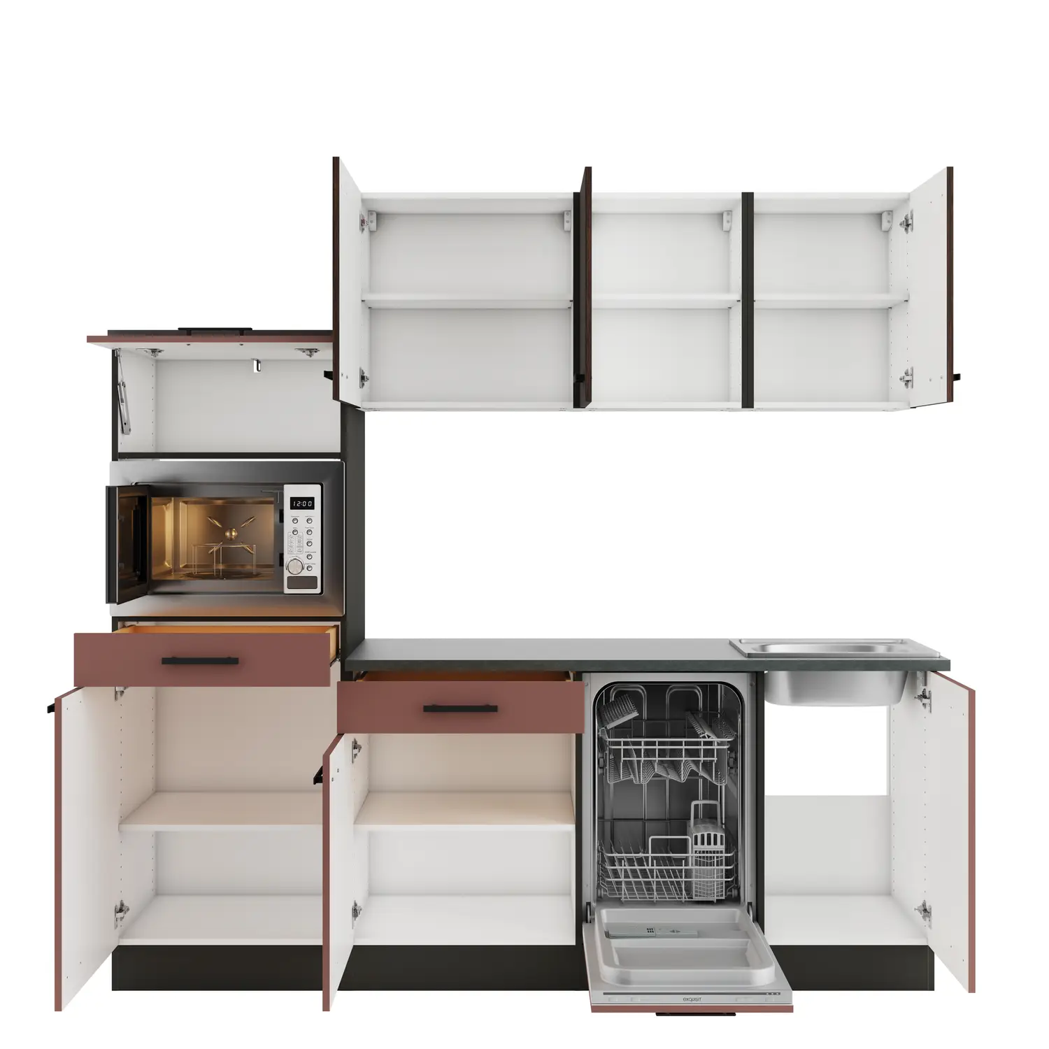 OPTIFIT Nizza / Rimini Küchenzeile mit Geräten 210 cm Rostrot & Rillendekor Nussbaum