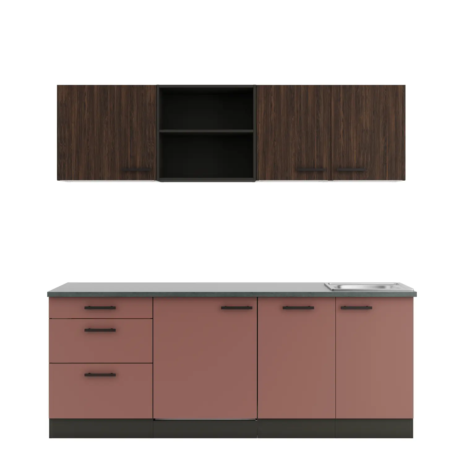 Küchenzeile mit E-Geräten 210 cm Rostrot & Nussbaum Rillendekor