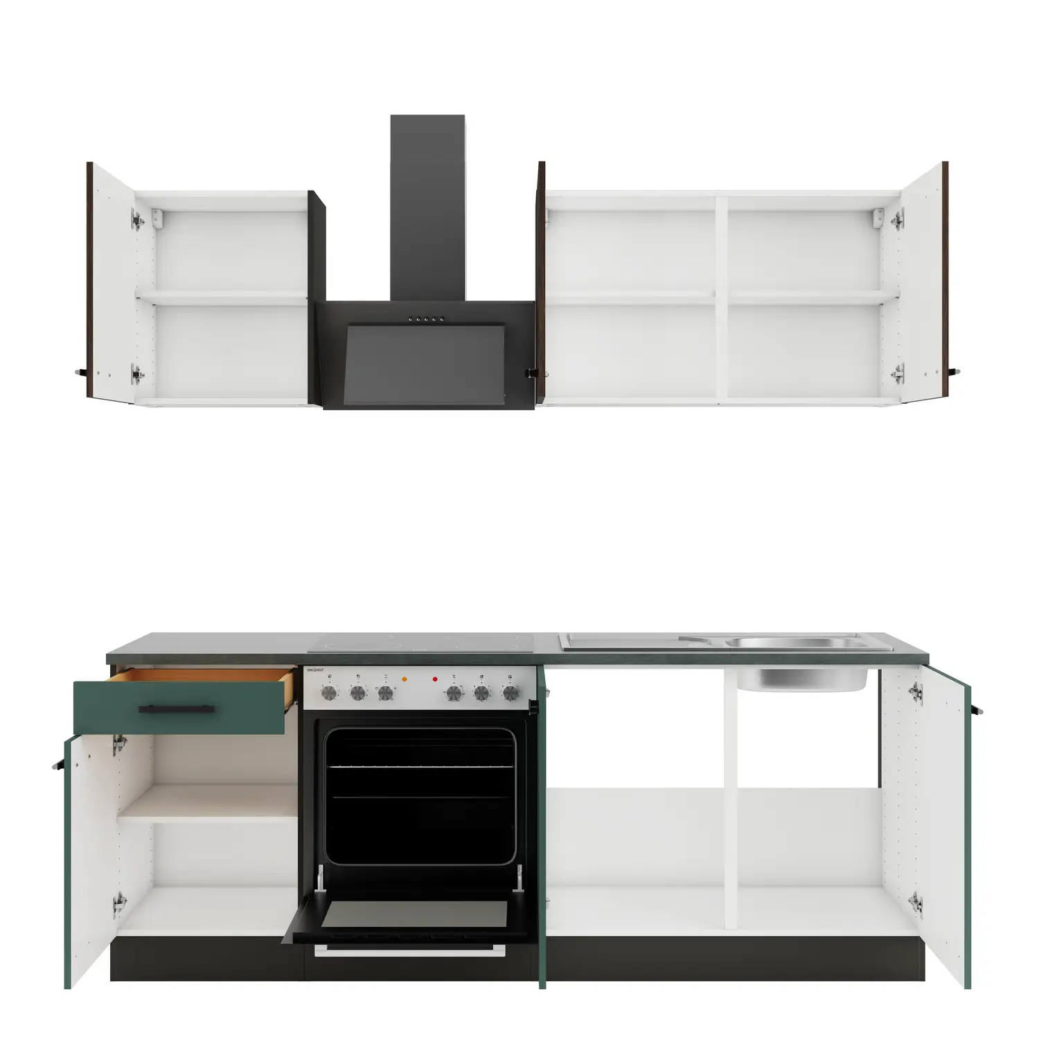 Küchenzeile Verona / Rimini mit Geräten Steingrün & Rillendekor Nussbaum 210 cm