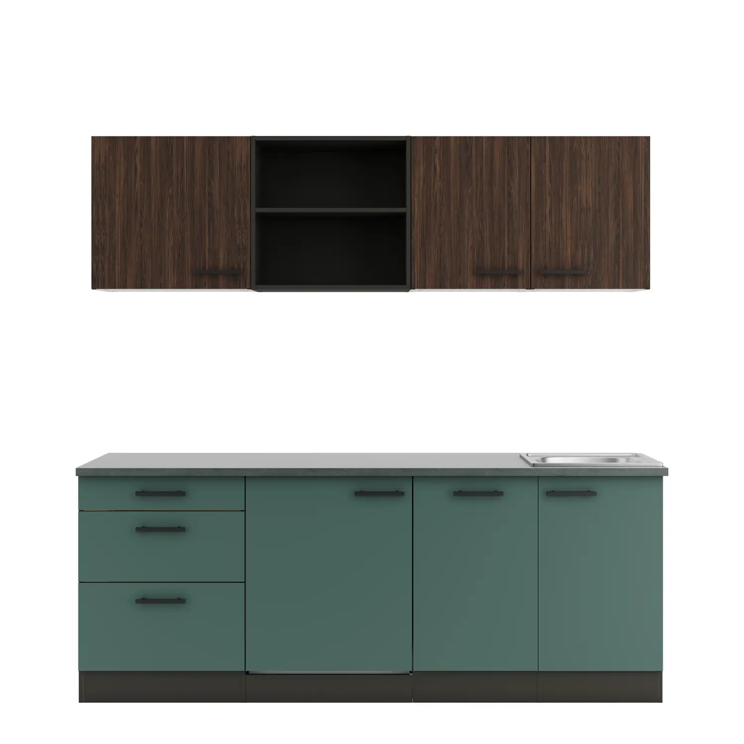 OPTIFIT Küchenzeile Verona / Rimini mit Geräten 210 cm Steingrün & Rillendekor Nussbaum