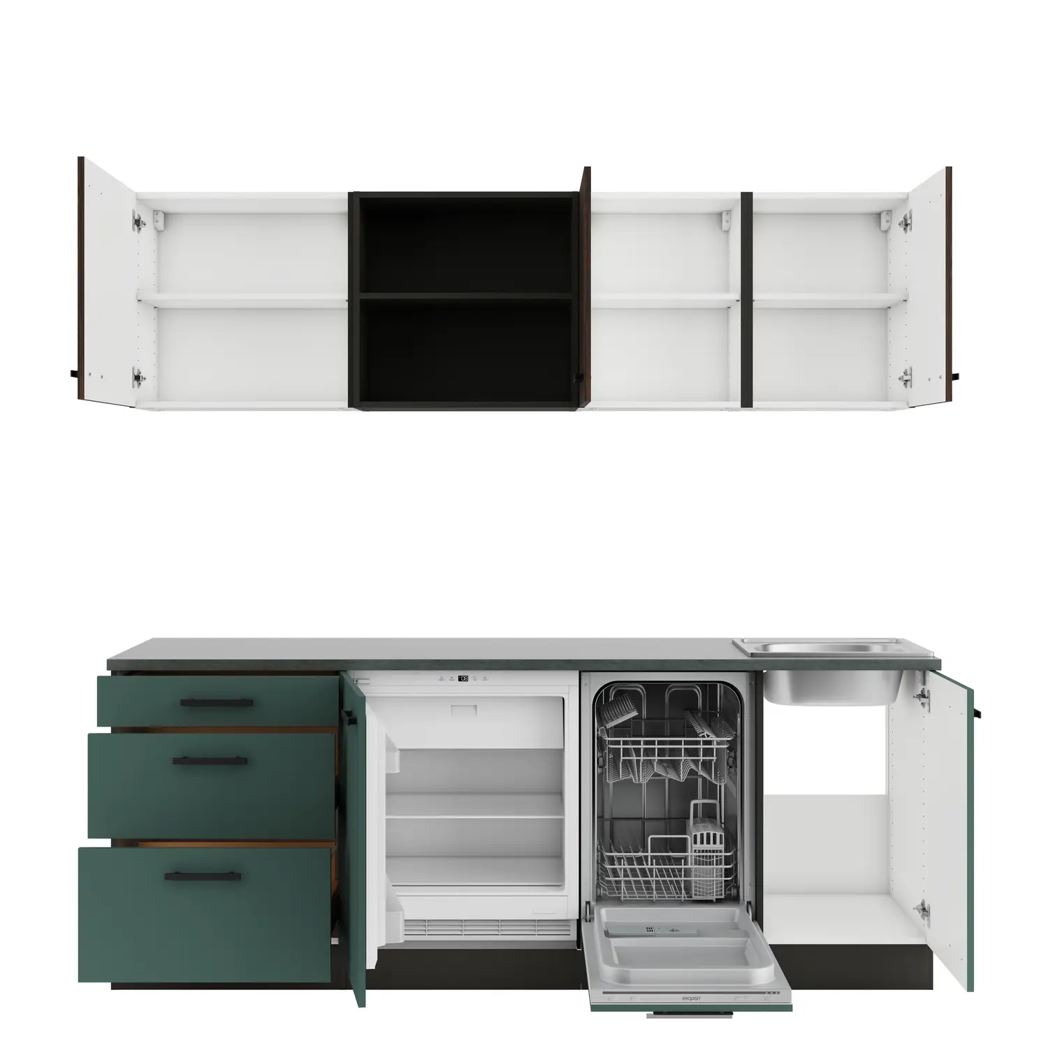 OPTIFIT Küchenzeile Verona / Rimini mit Geräten 210 cm Steingrün & Rillendekor Nussbaum