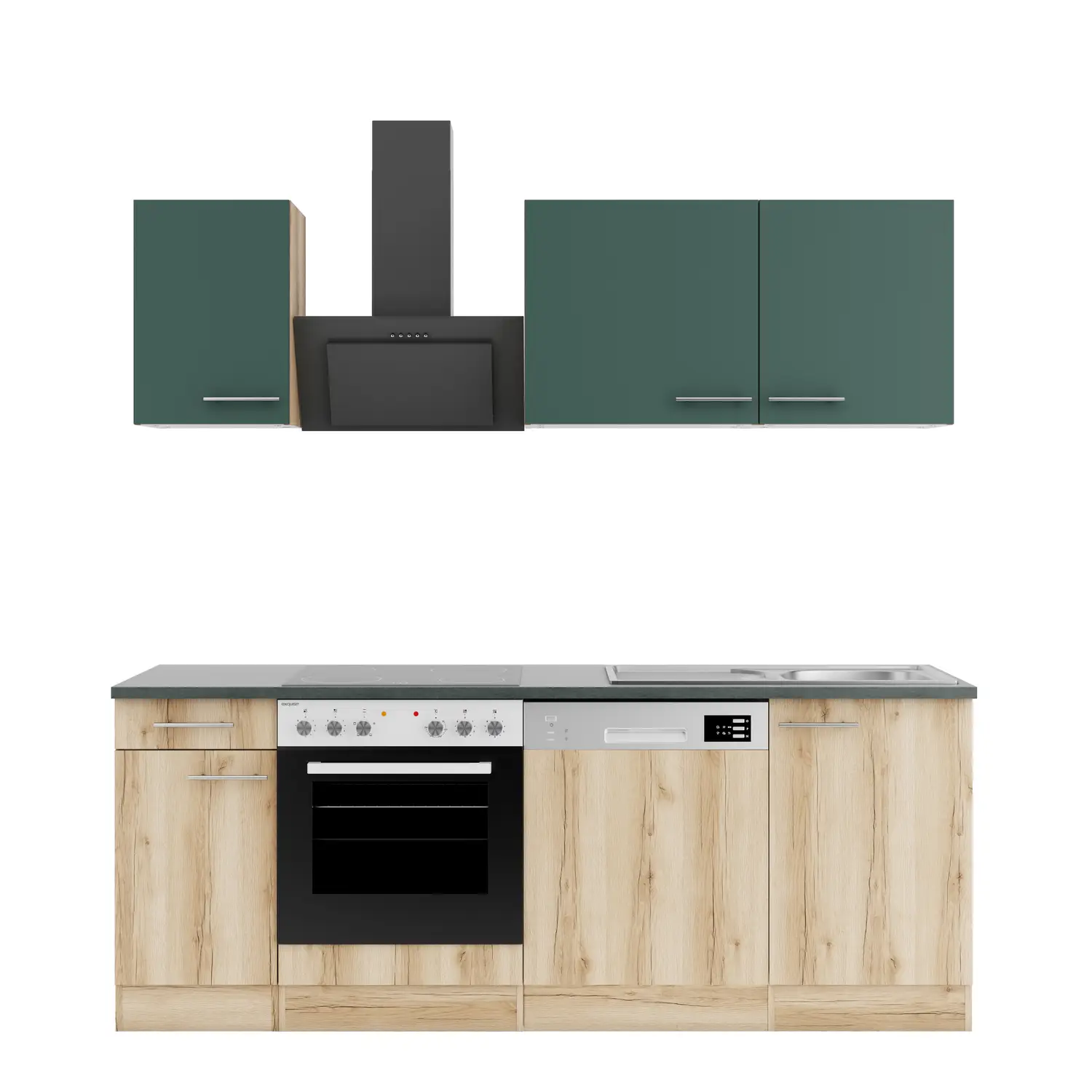 OPTIFIT Küchenzeile Livorno / Savona mit Geräten 210 cm Wildeiche & Steingrün