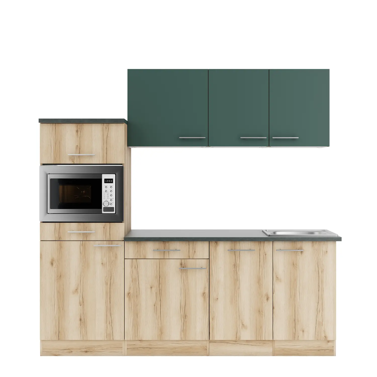 Küchenzeile mit Geräten OPTIFIT Livorno / Savona 210 cm Wildeiche & Steingrün