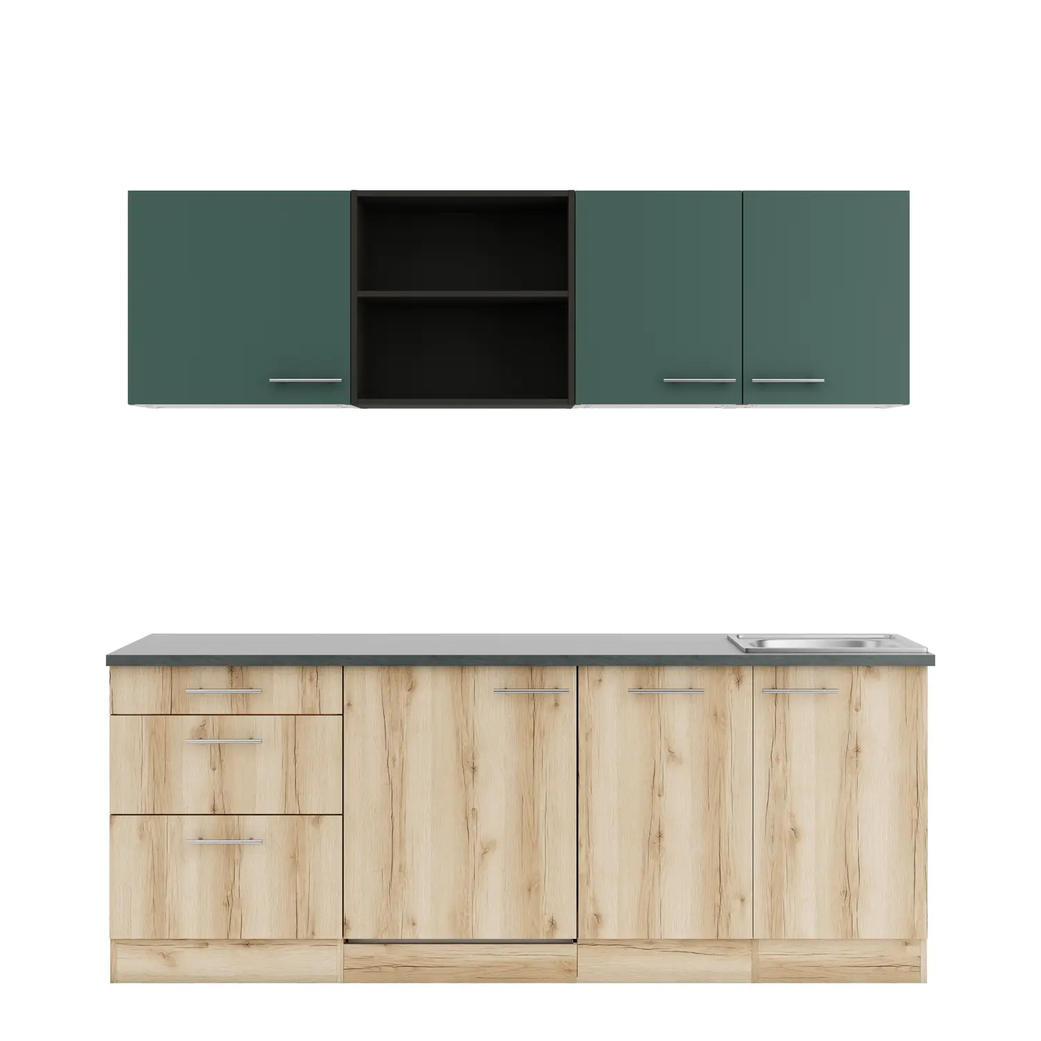 Küchenzeile Livorno / Savona mit Geräten Wildeiche & Steingrün 210 cm
