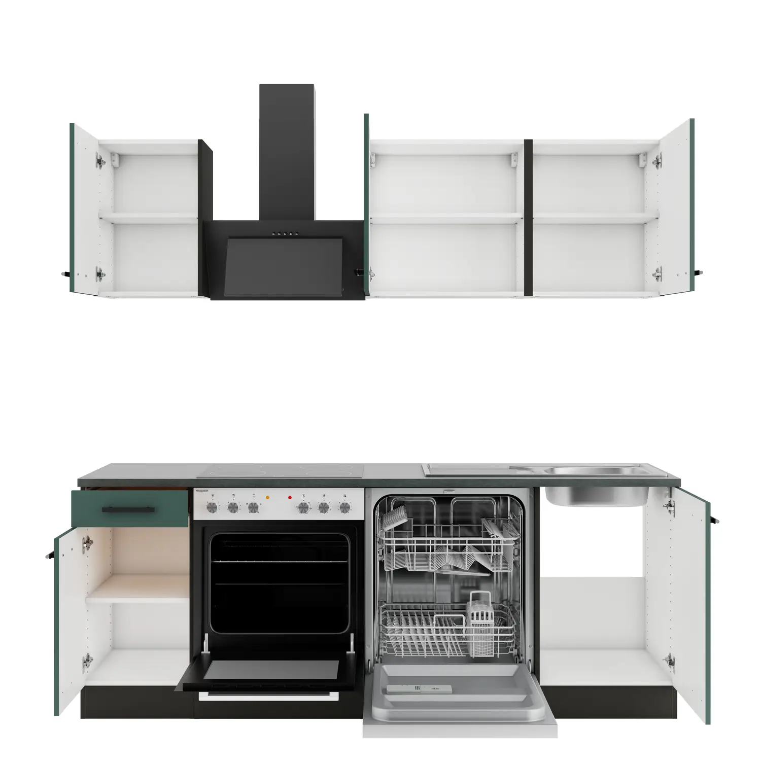 Küchenzeile mit Geräten OPTIFIT Verona 210 cm Steingrün