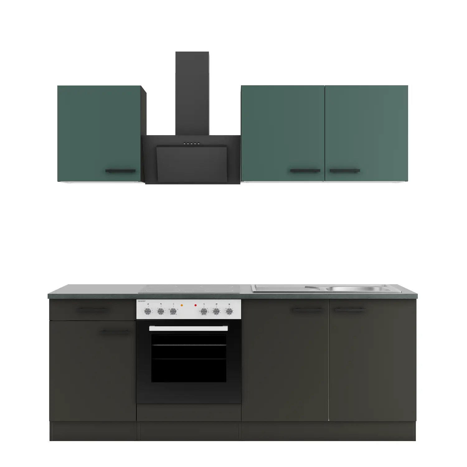 Küchenzeile mit Geräten OPTIFIT Madrid / Verona 210 cm Anthrazit & Steingrün