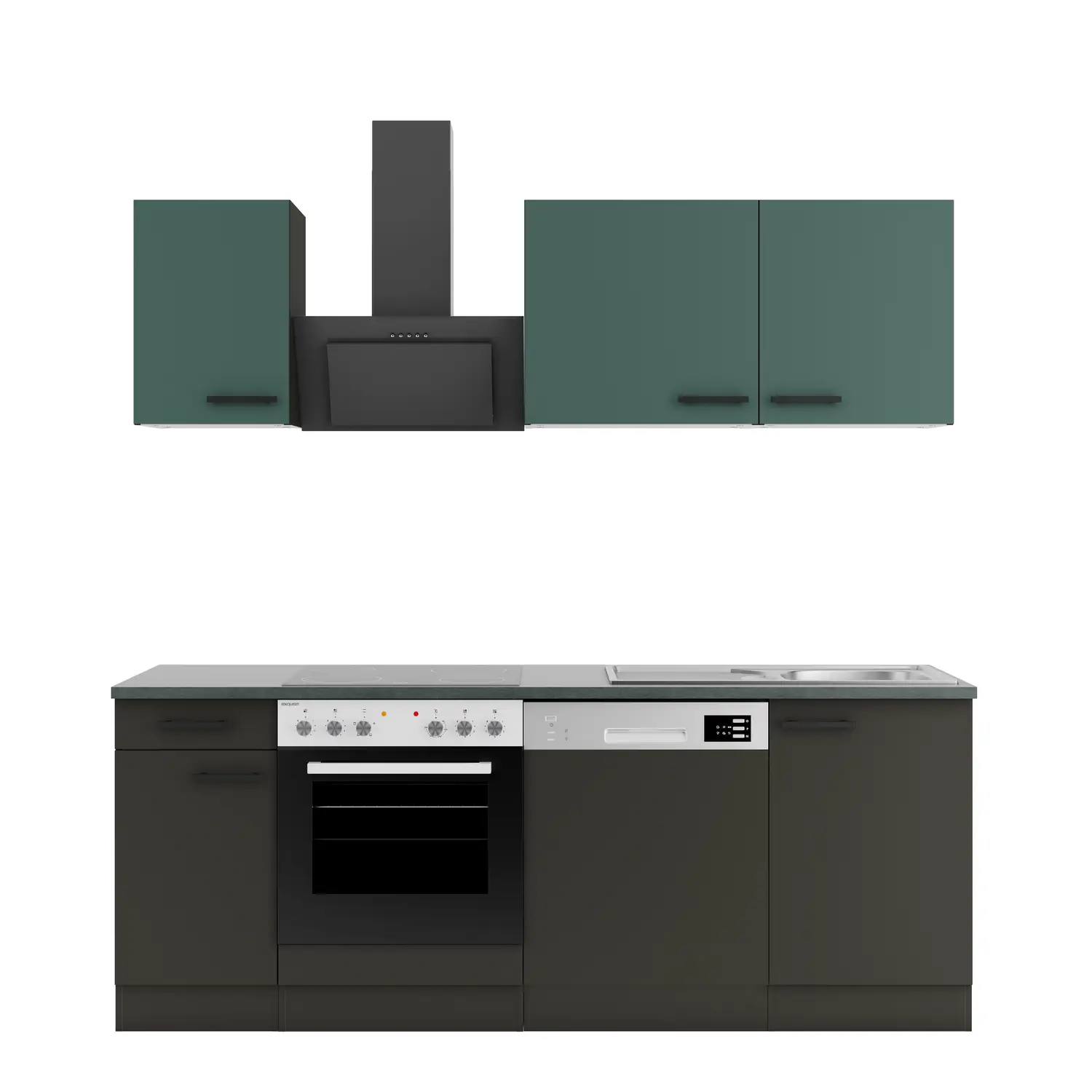 Küchenzeile Madrid / Verona mit Geräten Anthrazit & Steingrün 210 cm