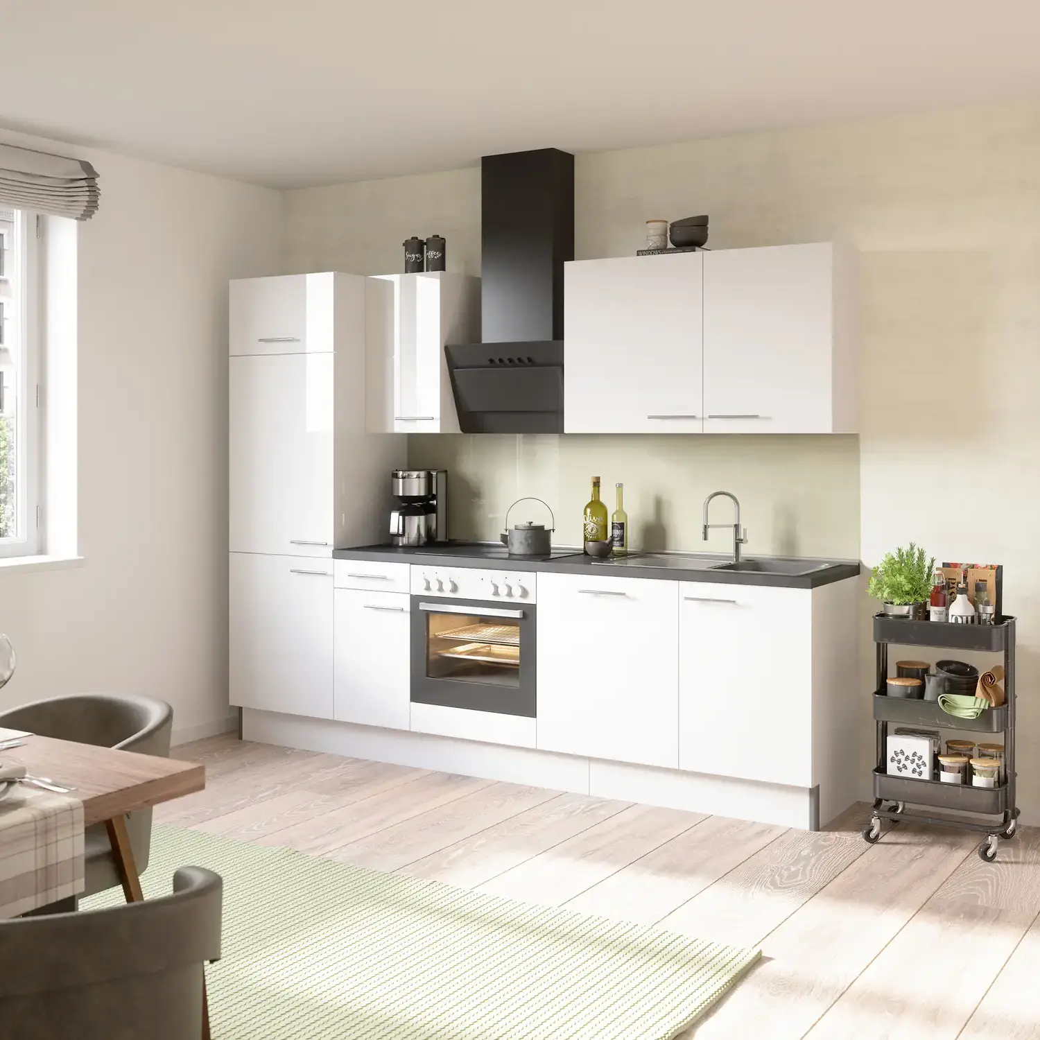 OPTIFIT Rurik Küchenzeile ohne Geräte 270 cm Weiß Glanz