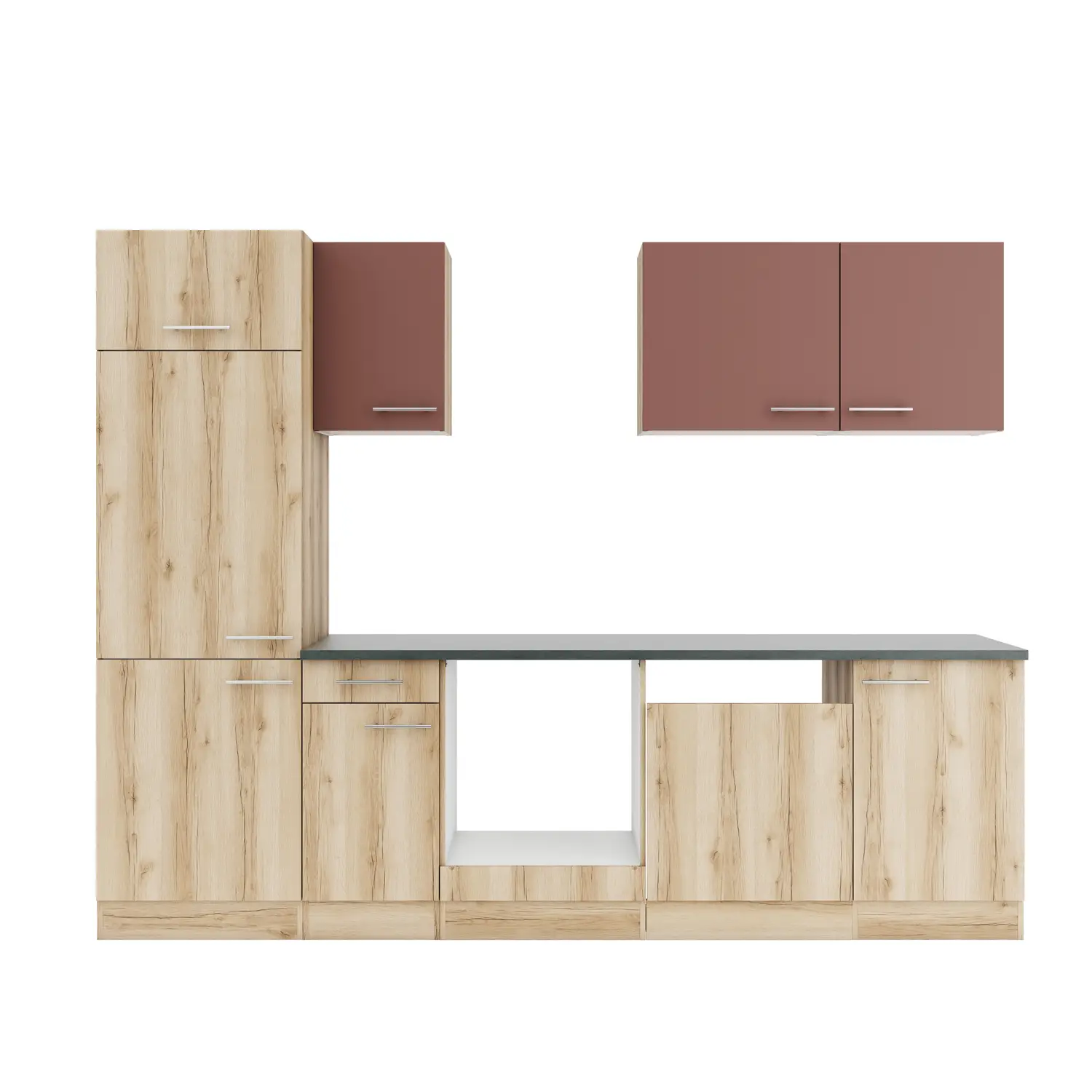 OPTIFIT Livorno / Bari Küchenzeile ohne Geräte 270 cm Wildeiche & Rostrot