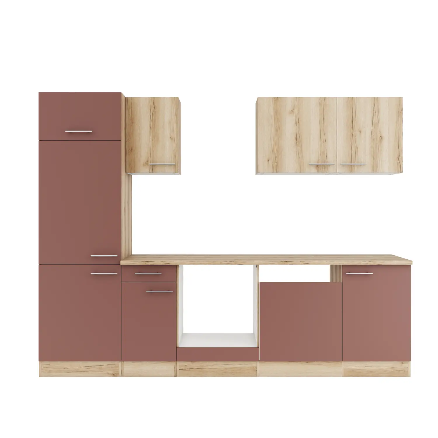 Küchenzeile OPTIFIT Bari / Livorno ohne Geräte 270 cm Rostrot & Wildeiche