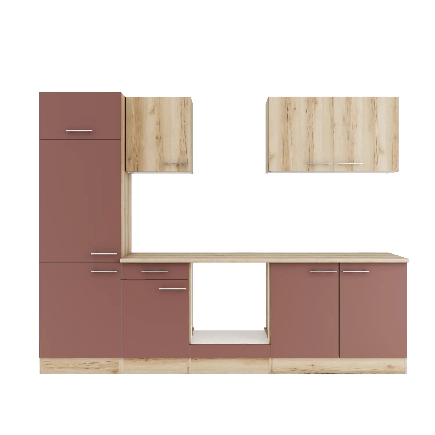 Küchenzeile Bari / Livorno ohne Geräte 270 cm Rostrot & Wildeiche