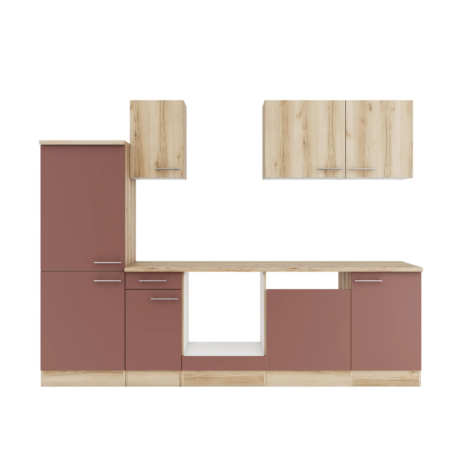 Küchenzeile ohne Geräte OPTIFIT Bari / Livorno 270 cm Rostrot & Wildeiche