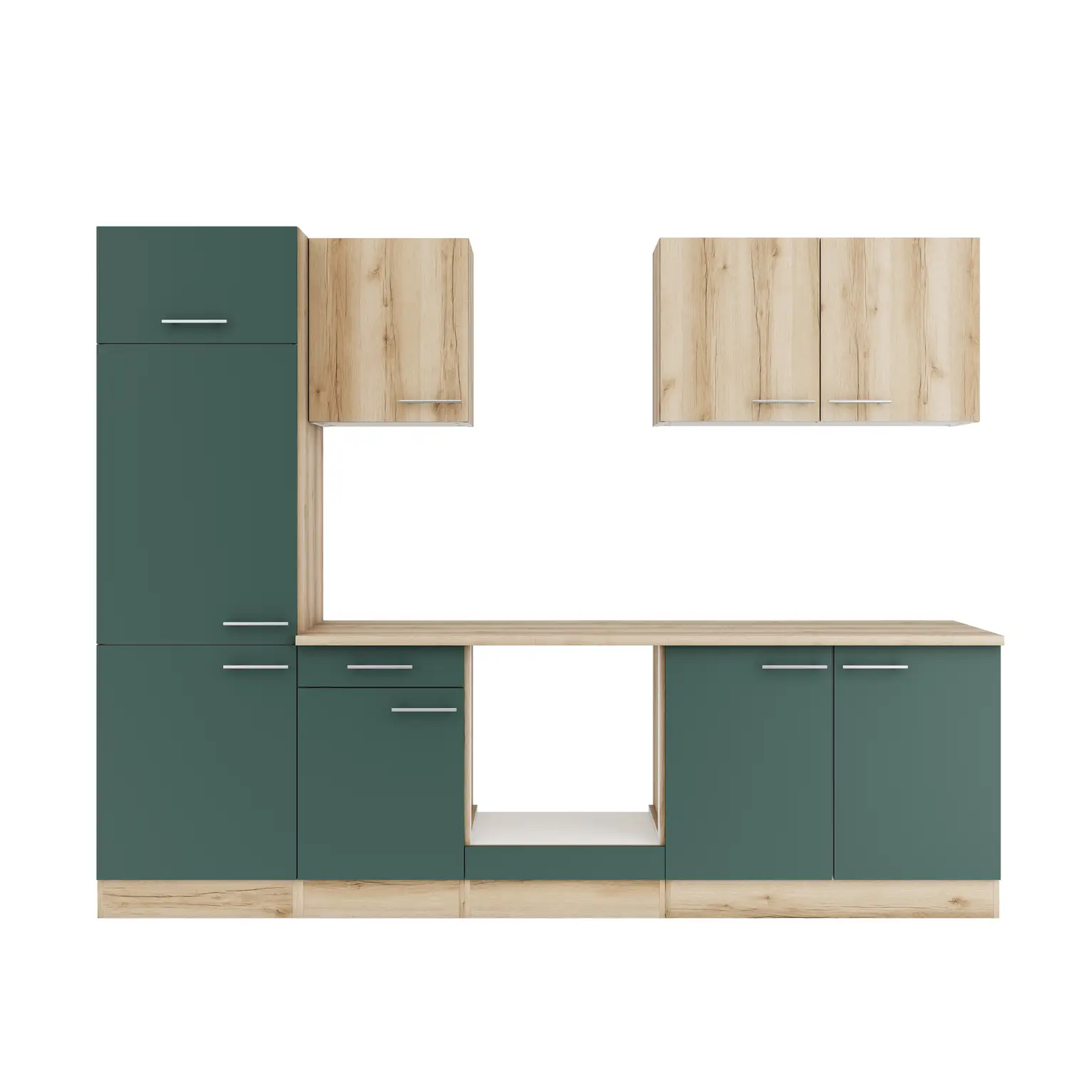 Küchenzeile ohne Geräte OPTIFIT Savona / Livorno 270 cm Steingrün & Wildeiche