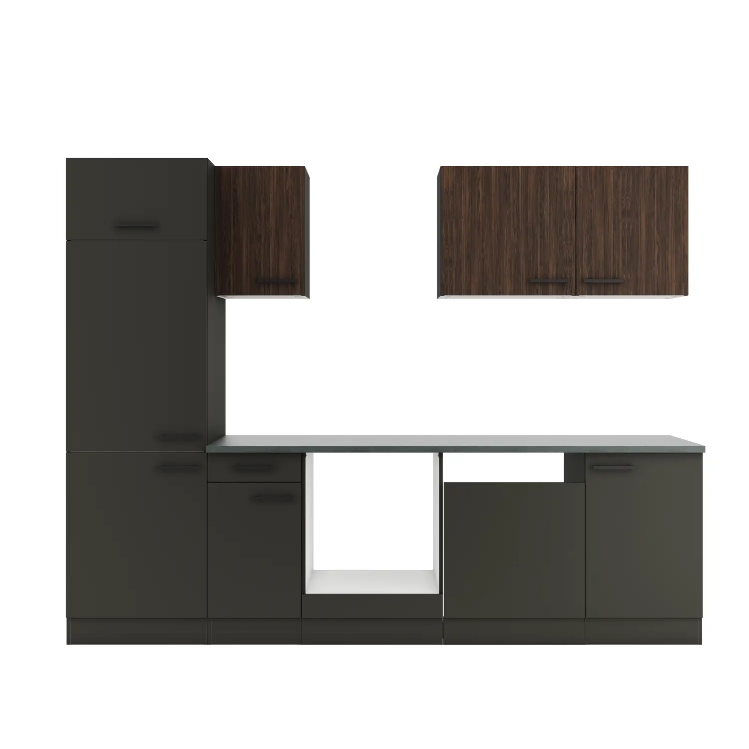 Küchenzeile ohne Geräte OPTIFIT Madrid / Rimini 270 cm Anthrazit & Nussbaum Rillendekor