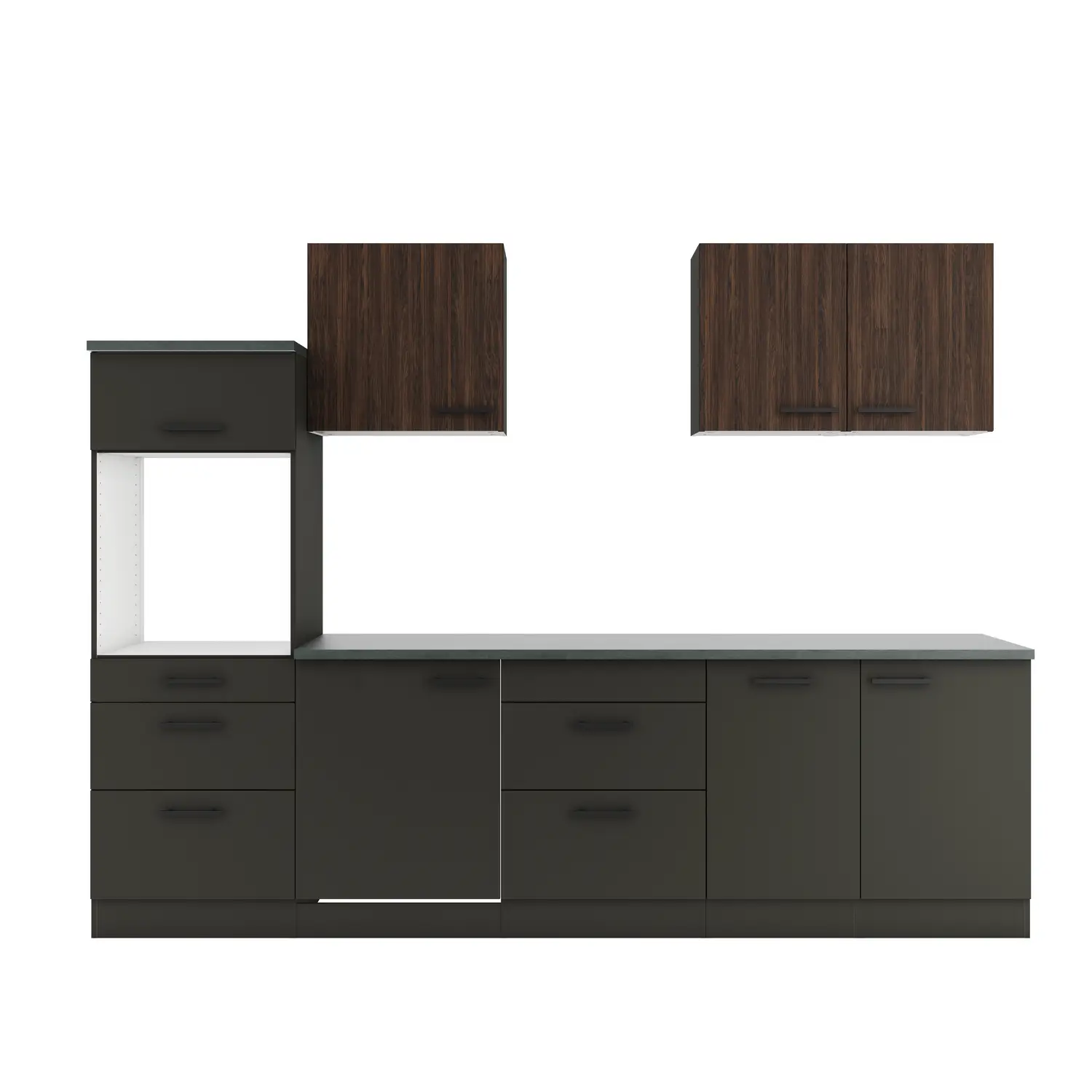 Küchenzeile OPTIFIT Madrid / Rimini ohne Geräte 270 cm Anthrazit & Nussbaum Rillendekor