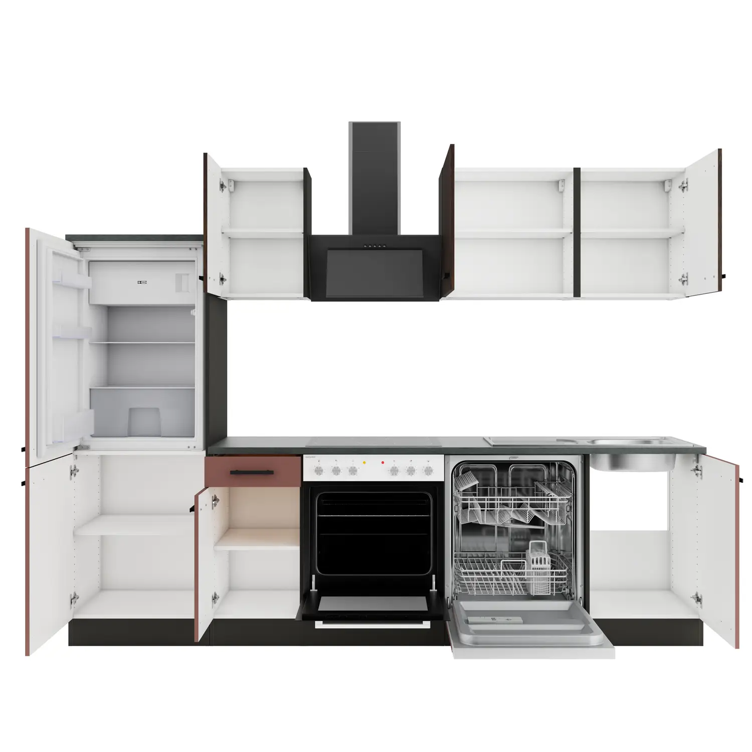 Küchenzeile OPTIFIT Nizza / Rimini ohne Geräte 270 cm Rostrot & Rillendekor Nussbaum