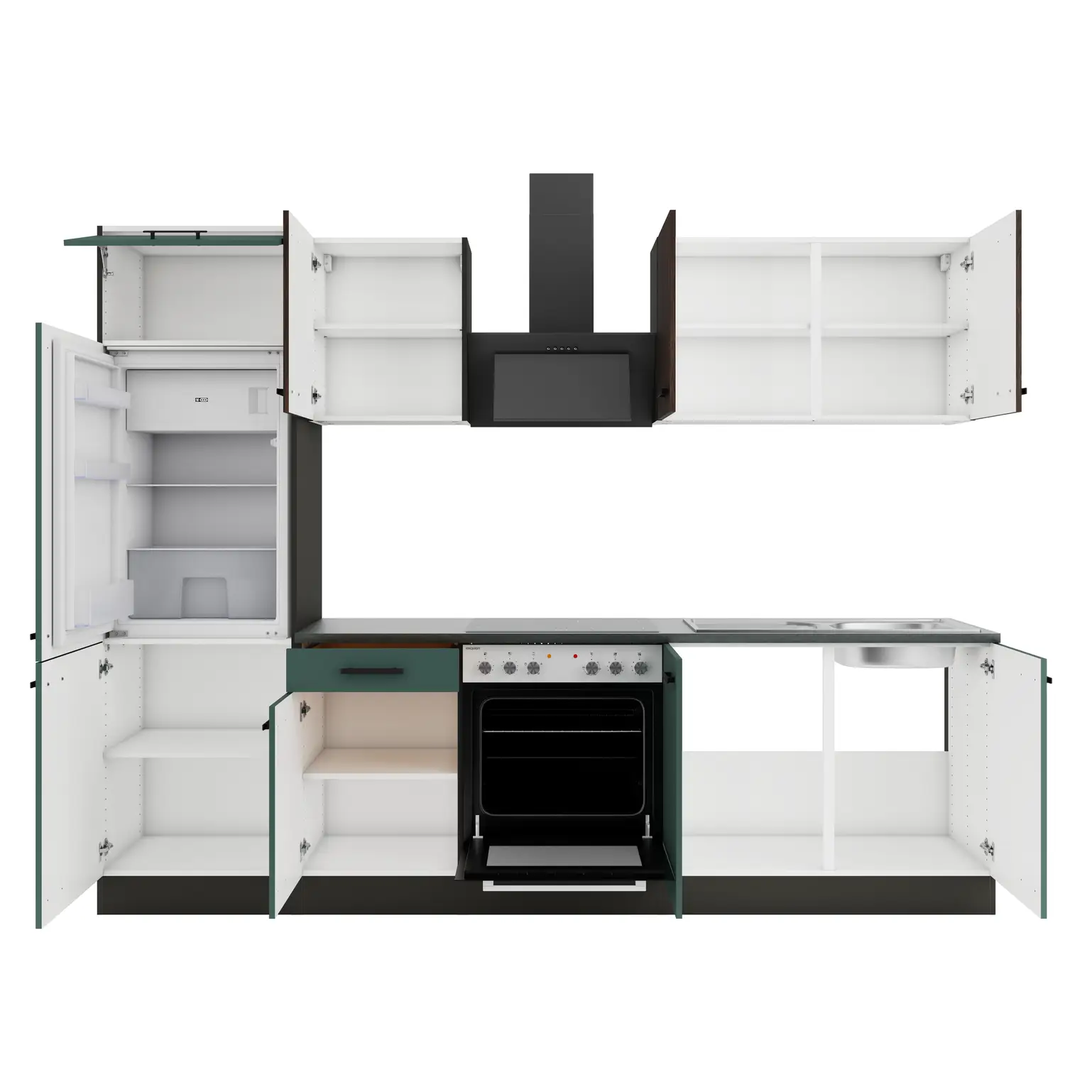 Küchenzeile OPTIFIT Verona / Rimini ohne Geräte 270 cm Steingrün & Rillendekor Nussbaum
