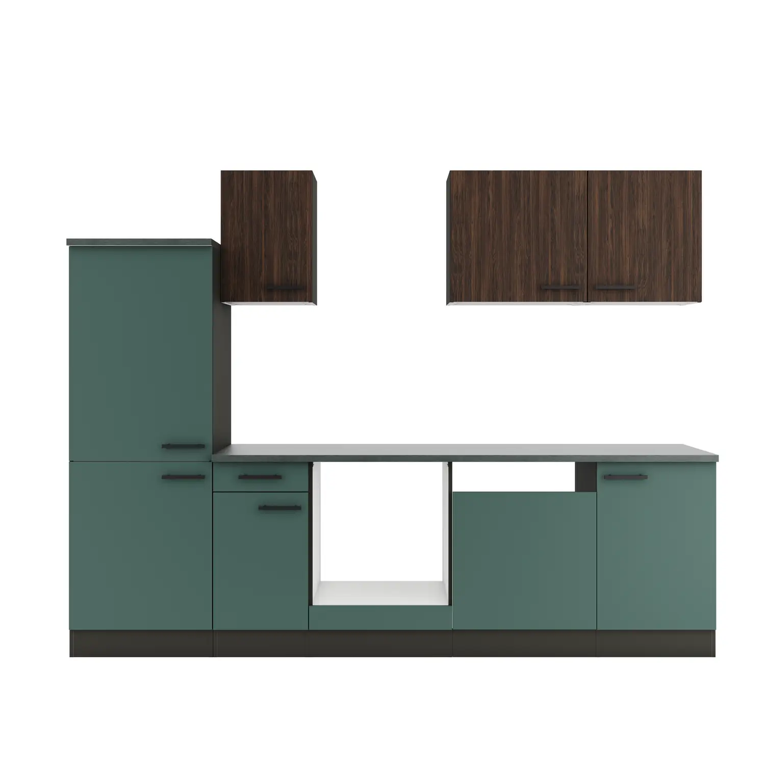 Küchenzeile Verona / Rimini ohne Geräte 270 cm Steingrün & Rillendekor Nussbaum