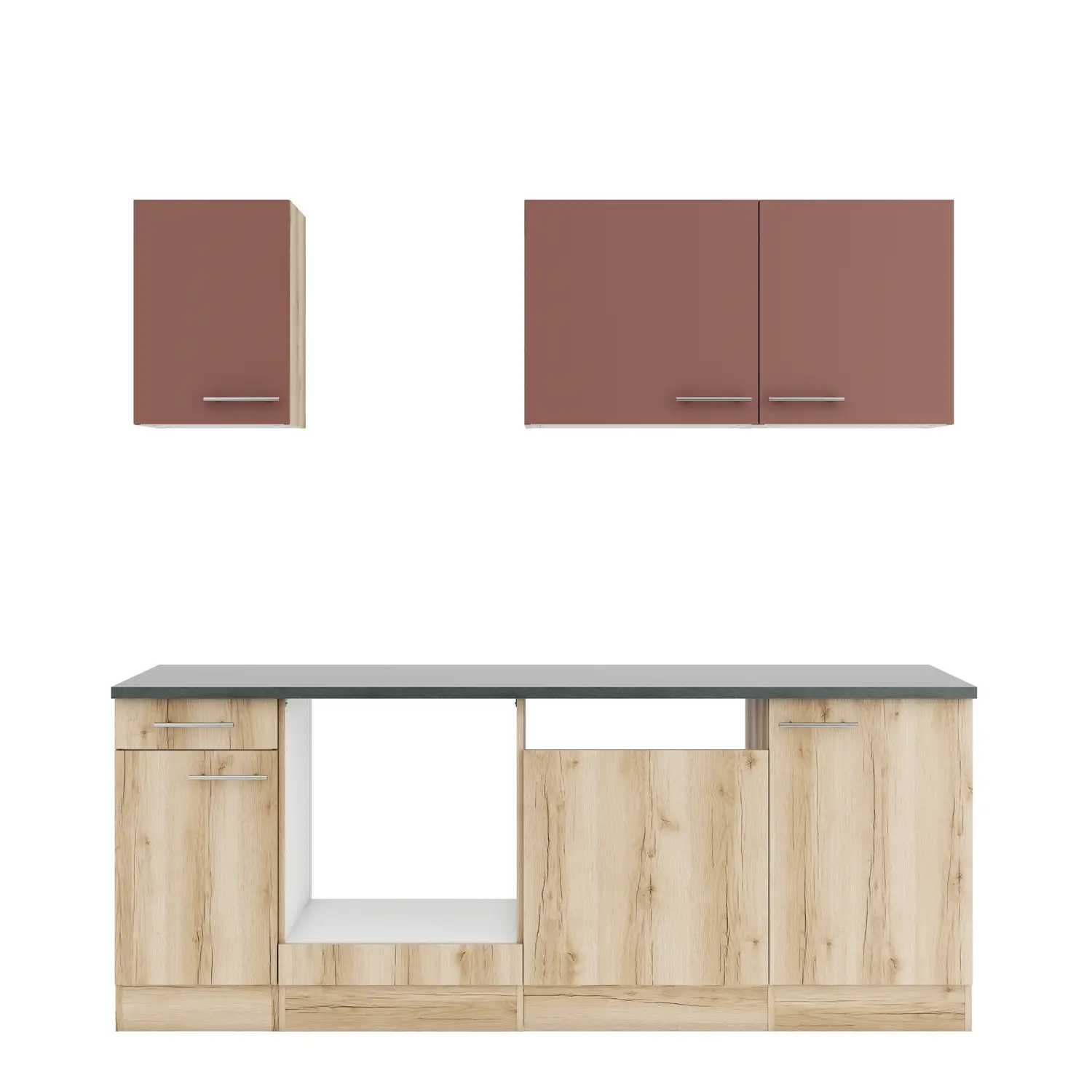 Küchenzeile OPTIFIT Livorno / Bari ohne Geräte 210 cm Wildeiche & Rostrot