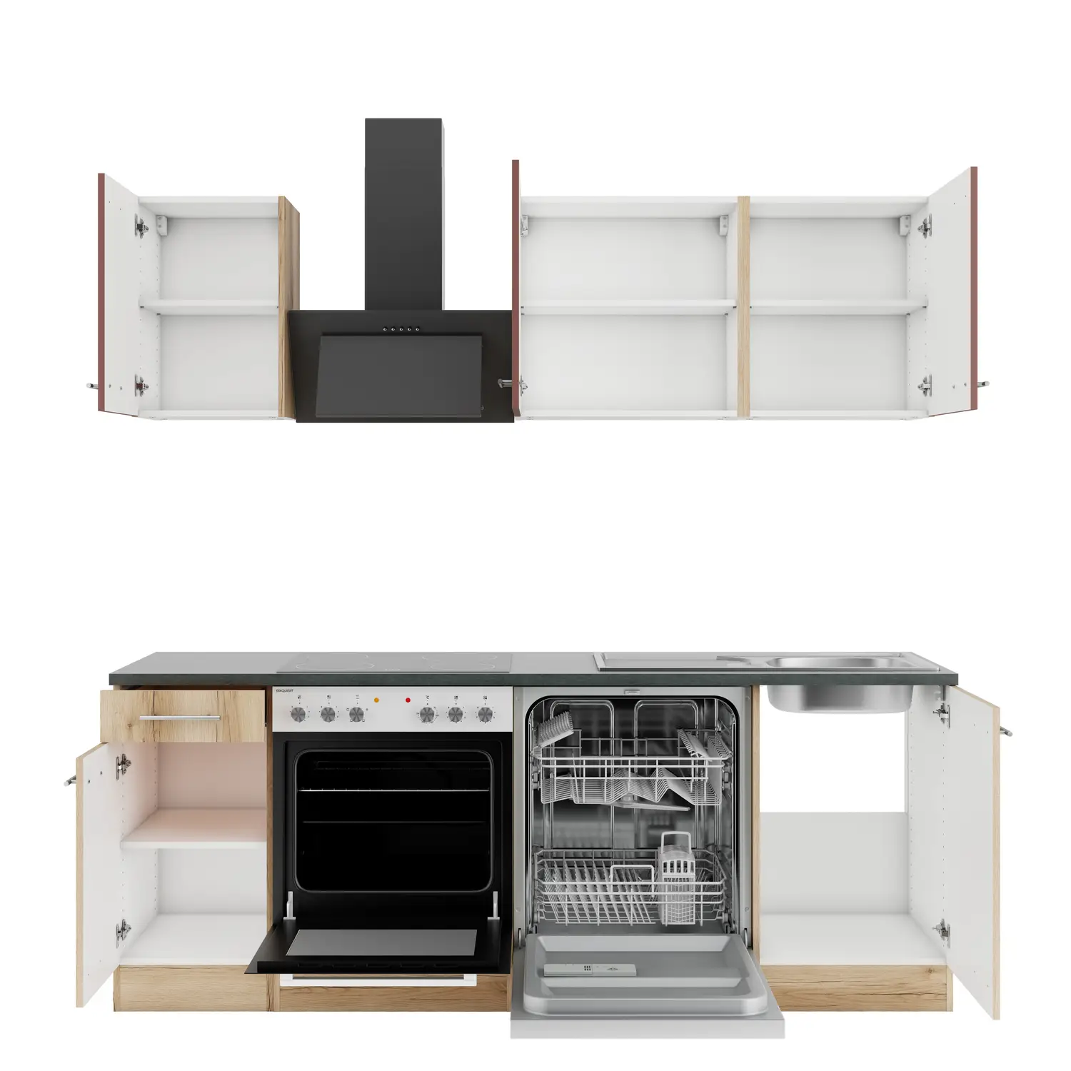 Küchenzeile OPTIFIT Livorno / Bari ohne Geräte 210 cm Wildeiche & Rostrot