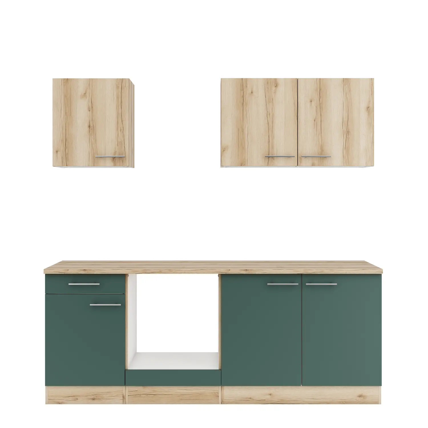 Küchenzeile ohne Geräte OPTIFIT Savona / Livorno 210 cm Steingrün & Wildeiche