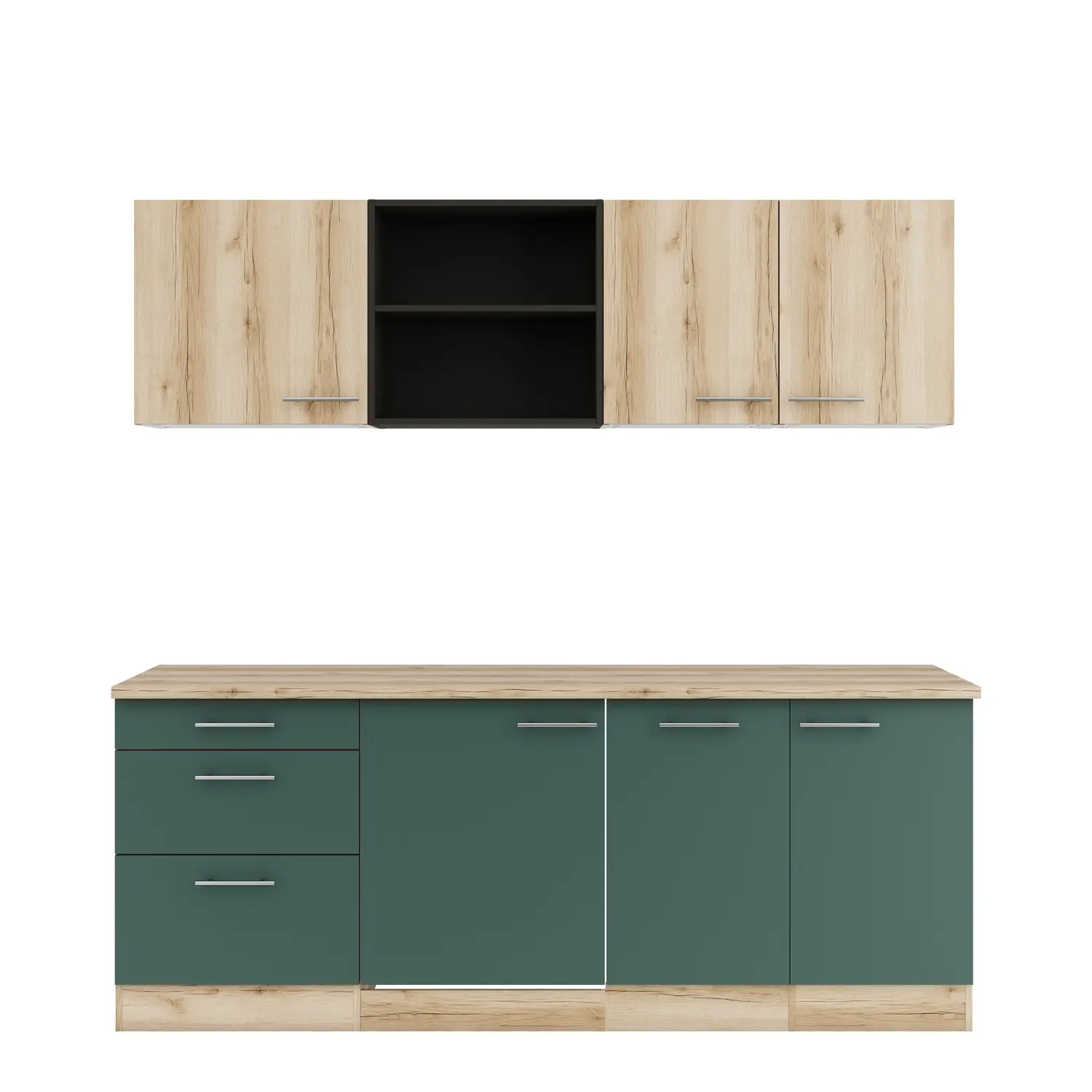 Küchenzeile OPTIFIT Savona / Livorno ohne Geräte 210 cm Steingrün & Wildeiche