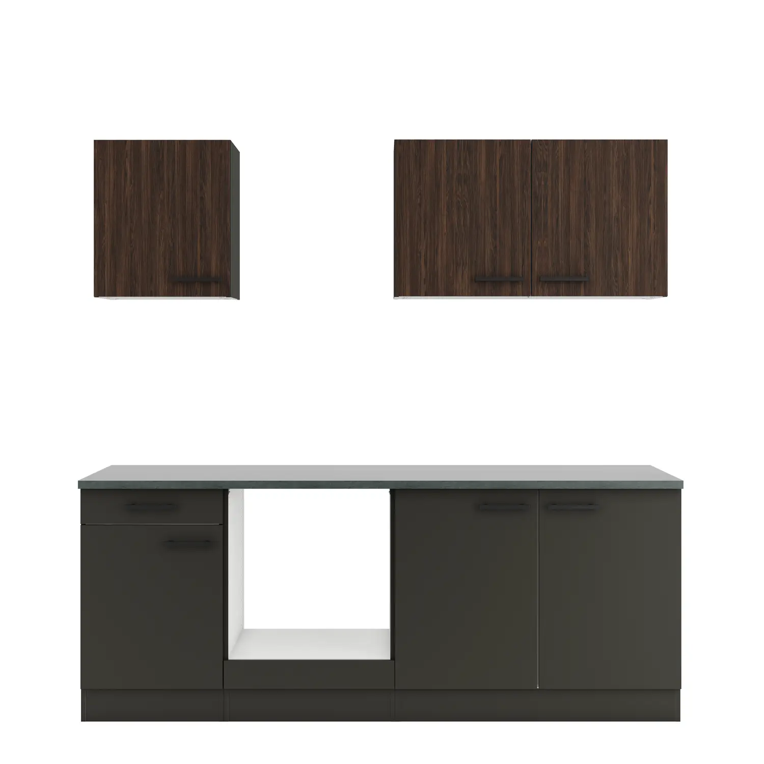 OPTIFIT Madrid / Rimini Küchenzeile ohne Geräte 210 cm Anthrazit & Nussbaum Rillendekor