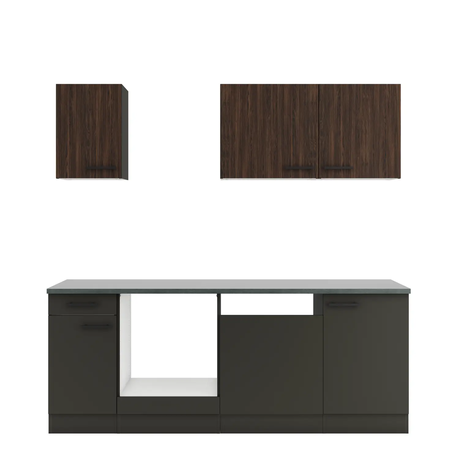 Küchenzeile ohne E-Geräte 210 cm Anthrazit & Nussbaum Rillendekor