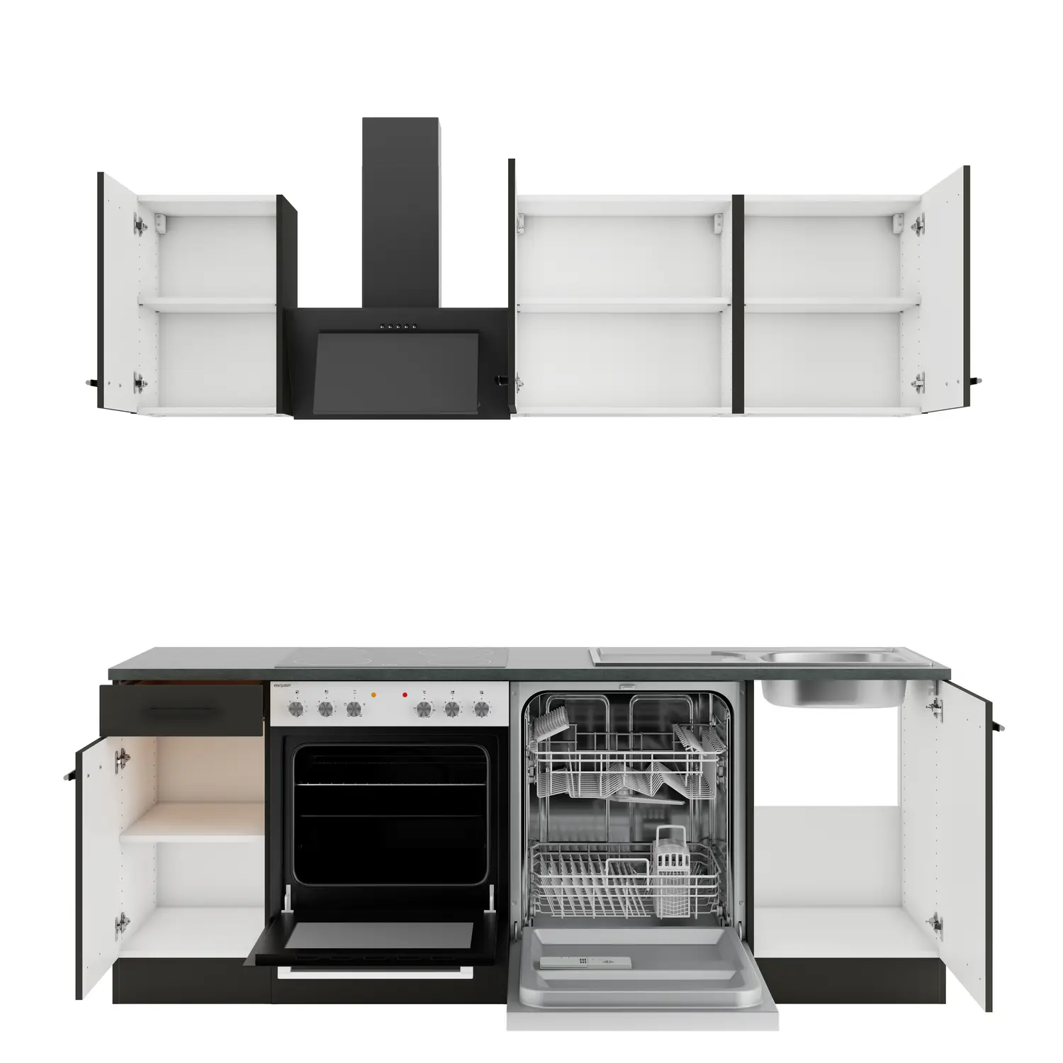 Küchenzeile ohne E-Geräte 210 cm Anthrazit & Rillendekor Nussbaum